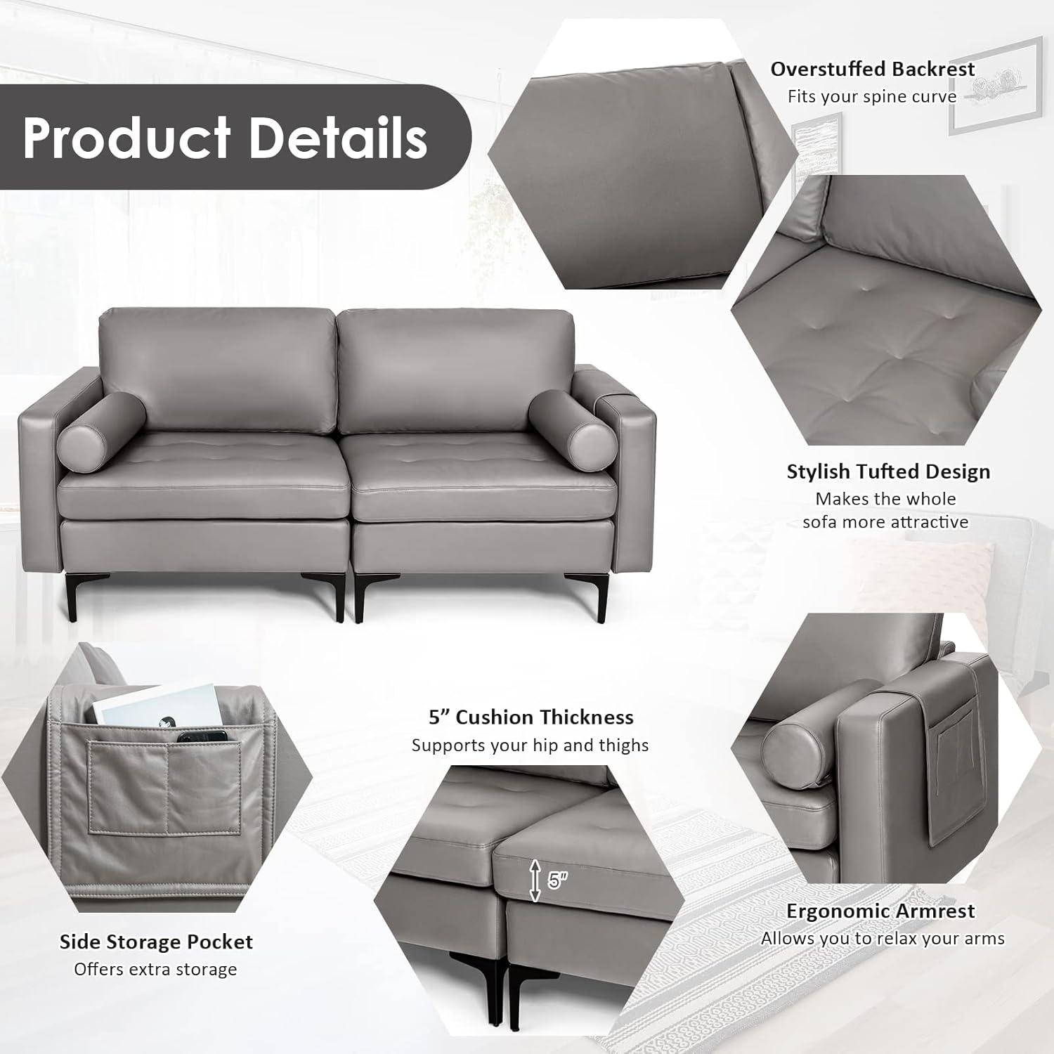 image:imageGiantex 97 Sectional Sofa Couch 3Seater Modular Sleeper with USB Ports 3Hole Socket Thick Cushion 2 Bolsters Armrest Magazine Pocket Metal Legs for Living Room Reception Bedroom Dark GreyDark Grey