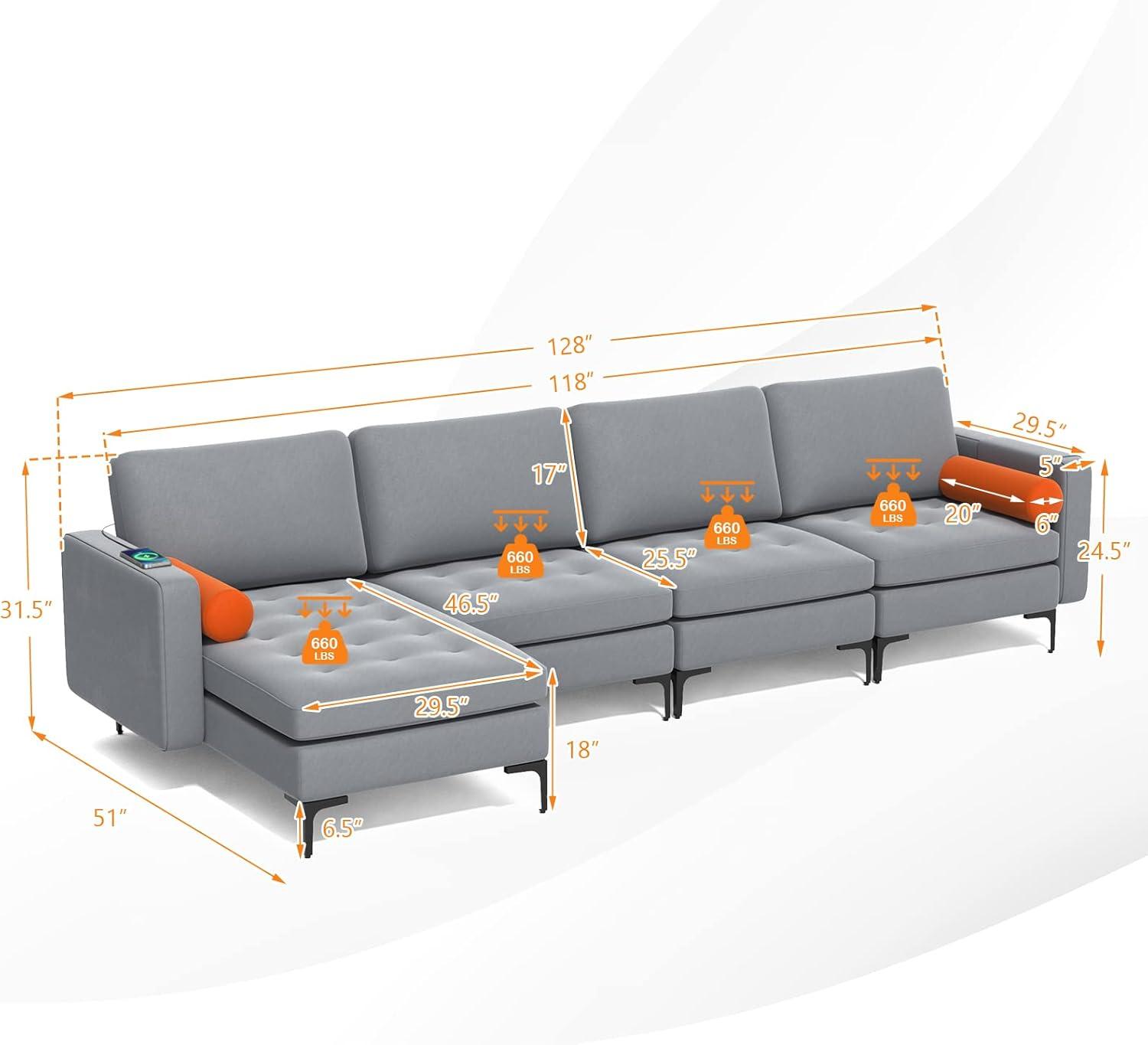 image:imageGiantex 97 Sectional Sofa Couch 3Seater Modular Sleeper with USB Ports 3Hole Socket Thick Cushion 2 Bolsters Armrest Magazine Pocket Metal Legs for Living Room Reception Bedroom Dark GreyGreyorange