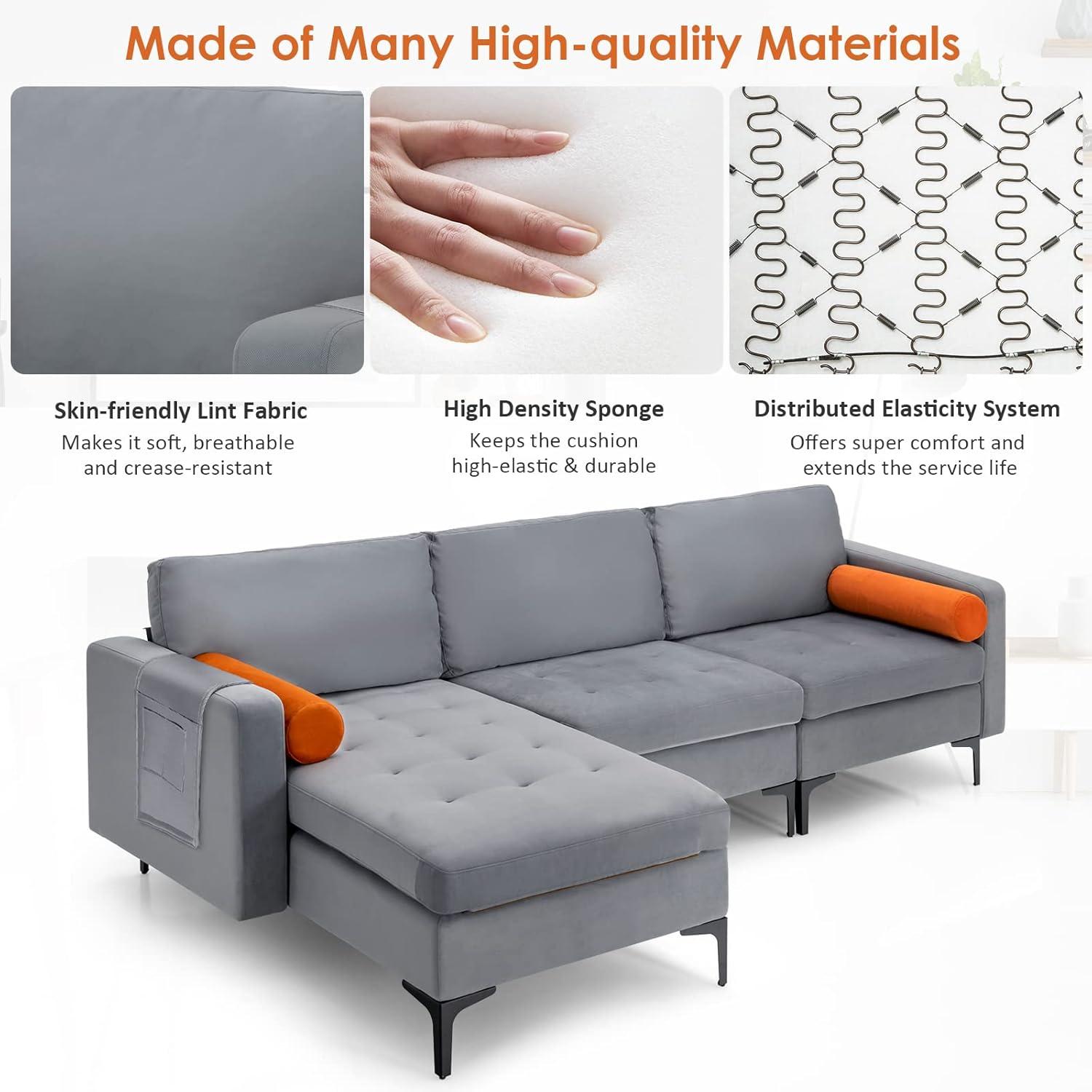 image:imageGiantex 97 Sectional Sofa Couch 3Seater Modular Sleeper with USB Ports 3Hole Socket Thick Cushion 2 Bolsters Armrest Magazine Pocket Metal Legs for Living Room Reception Bedroom Dark GreyGreyorange
