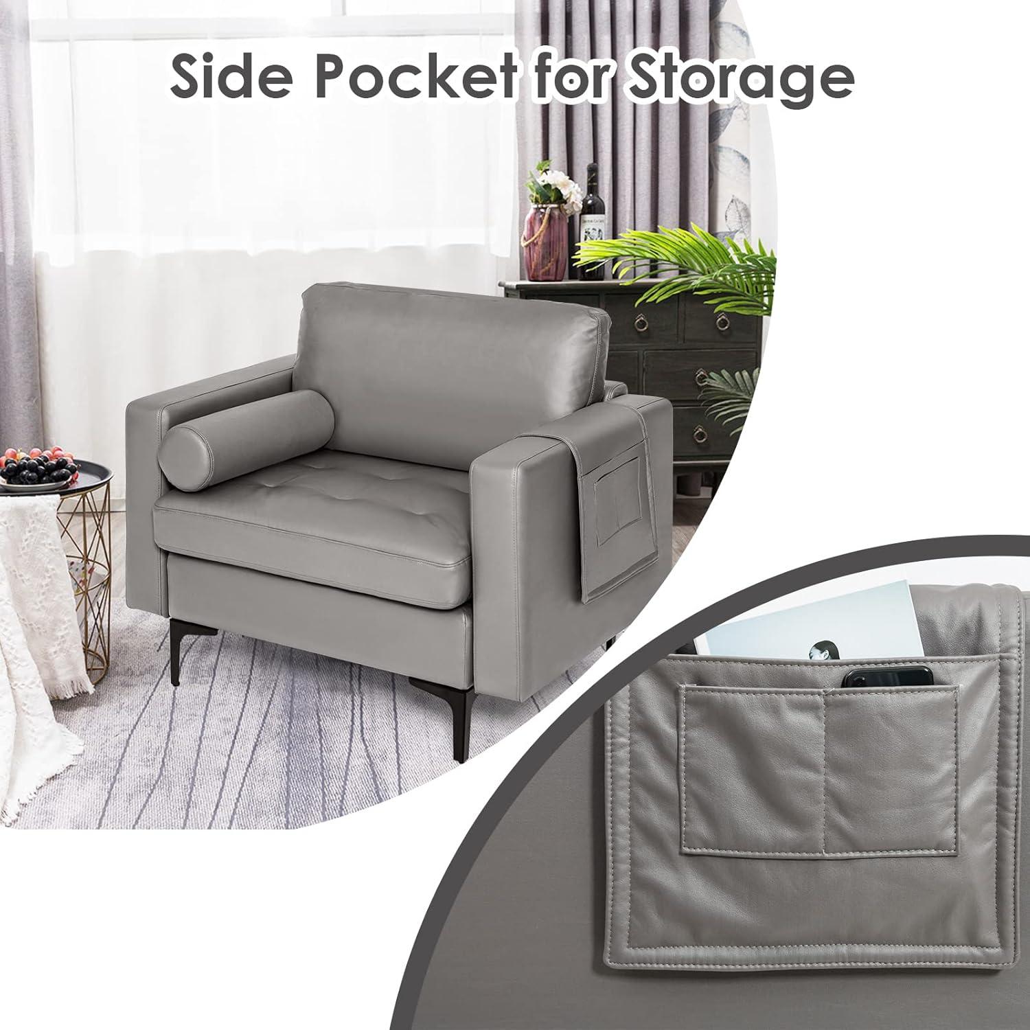 image:imageGiantex 97 Sectional Sofa Couch 3Seater Modular Sleeper with USB Ports 3Hole Socket Thick Cushion 2 Bolsters Armrest Magazine Pocket Metal Legs for Living Room Reception Bedroom Dark GreyDark Grey