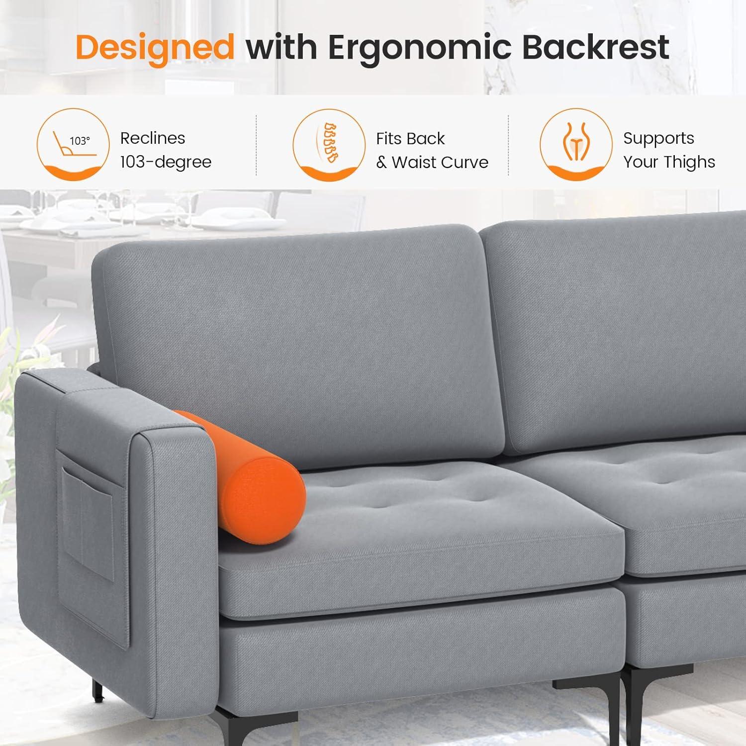 image:imageGiantex 97 Sectional Sofa Couch 3Seater Modular Sleeper with USB Ports 3Hole Socket Thick Cushion 2 Bolsters Armrest Magazine Pocket Metal Legs for Living Room Reception Bedroom Dark GreyGreyorange