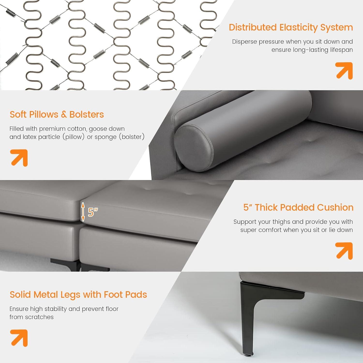 image:imageGiantex 97 Sectional Sofa Couch 3Seater Modular Sleeper with USB Ports 3Hole Socket Thick Cushion 2 Bolsters Armrest Magazine Pocket Metal Legs for Living Room Reception Bedroom Dark GreyDark Grey