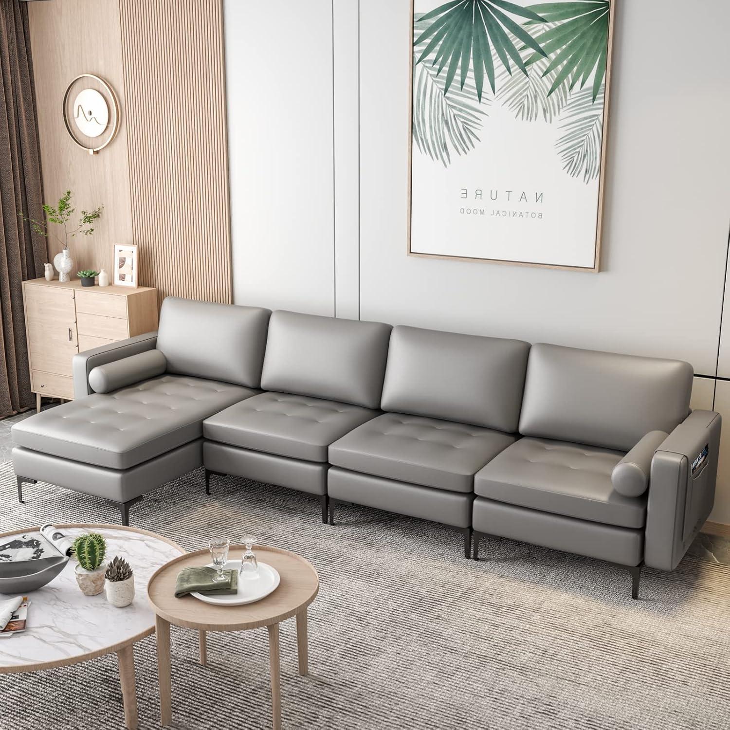 image:imageGiantex 97 Sectional Sofa Couch 3Seater Modular Sleeper with USB Ports 3Hole Socket Thick Cushion 2 Bolsters Armrest Magazine Pocket Metal Legs for Living Room Reception Bedroom Dark GreyDark Grey