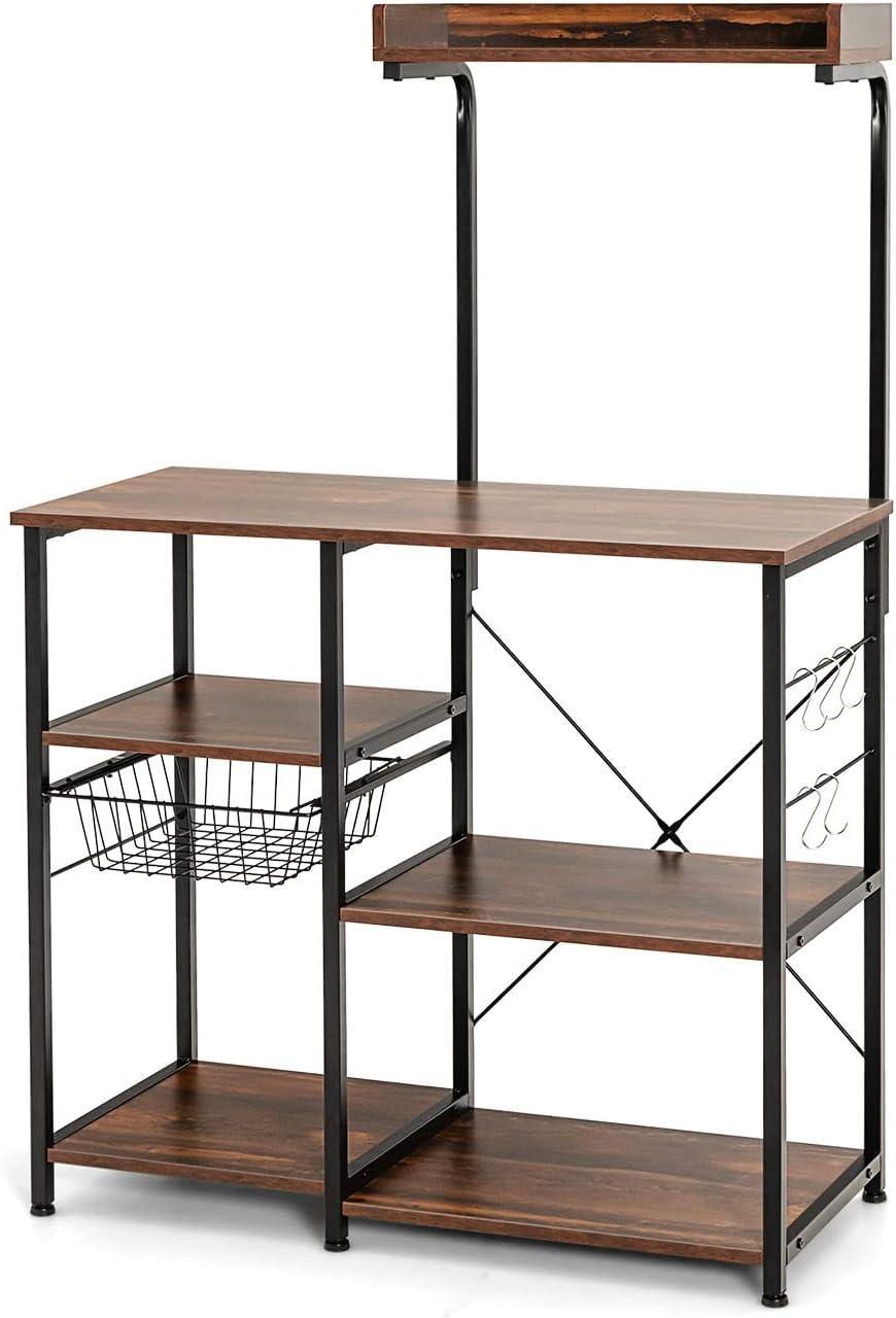 image:imageGiantex Bakers Rack 4Tier Microwave Stand with Storage Kitchen Utility Shelves Wire Basket with 5 Hooks Spice Rack for Organizing Utensils Work Station with Countertop 355 L16 W545 HCoffeeblack