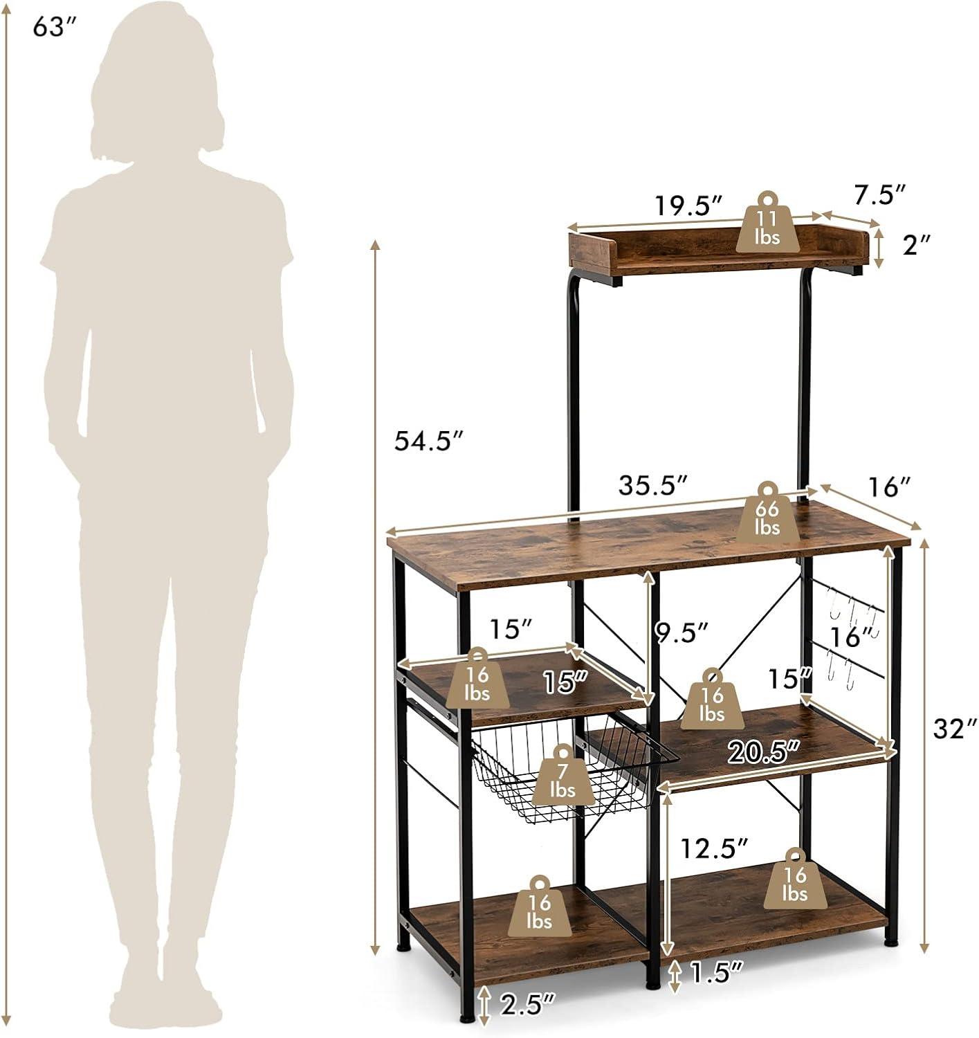 image:imageGiantex Bakers Rack 4Tier Microwave Stand with Storage Kitchen Utility Shelves Wire Basket with 5 Hooks Spice Rack for Organizing Utensils Work Station with Countertop 355 L16 W545 HCharcoal BrownBlack
