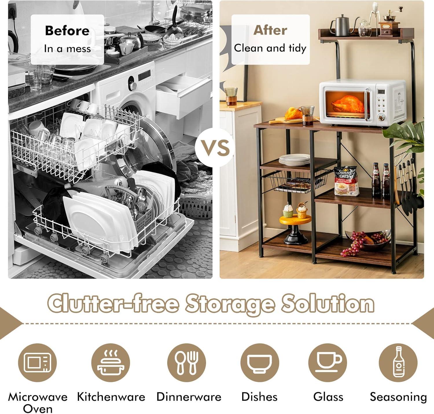 image:imageGiantex Bakers Rack 4Tier Microwave Stand with Storage Kitchen Utility Shelves Wire Basket with 5 Hooks Spice Rack for Organizing Utensils Work Station with Countertop 355 L16 W545 HCoffeeblack