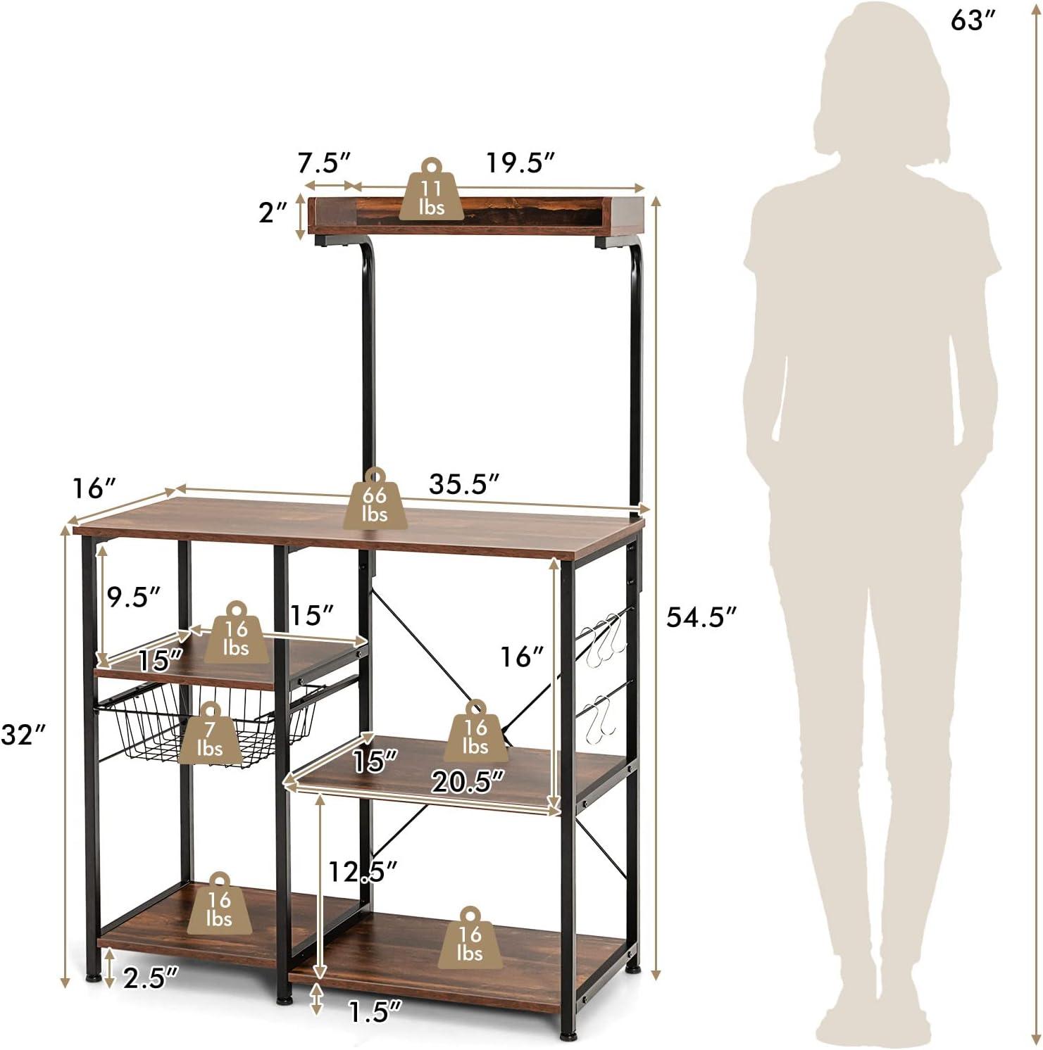 image:imageGiantex Bakers Rack 4Tier Microwave Stand with Storage Kitchen Utility Shelves Wire Basket with 5 Hooks Spice Rack for Organizing Utensils Work Station with Countertop 355 L16 W545 HCoffeeblack
