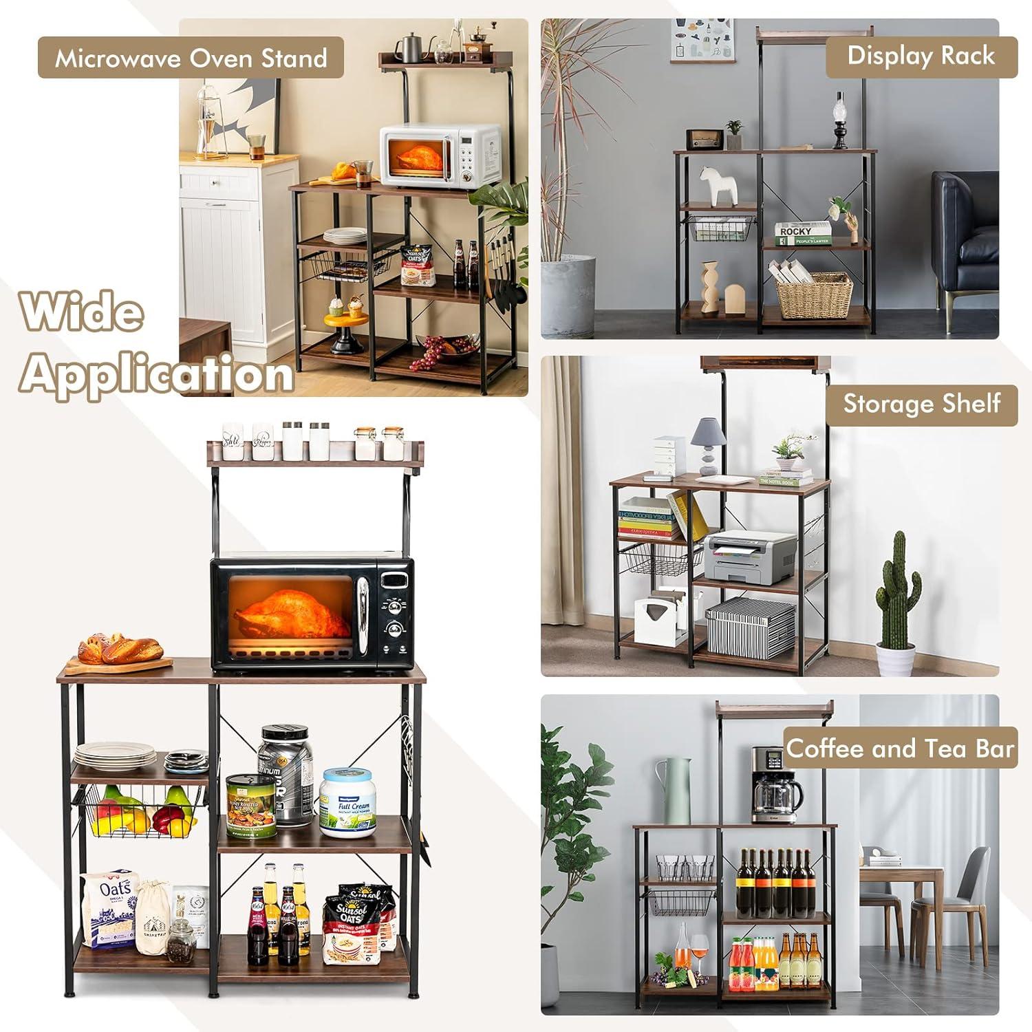 image:imageGiantex Bakers Rack 4Tier Microwave Stand with Storage Kitchen Utility Shelves Wire Basket with 5 Hooks Spice Rack for Organizing Utensils Work Station with Countertop 355 L16 W545 HCoffeeblack
