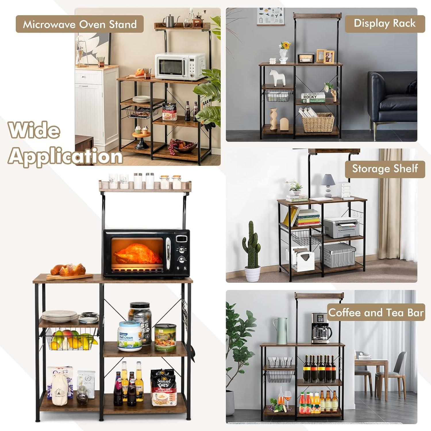 image:imageGiantex Bakers Rack 4Tier Microwave Stand with Storage Kitchen Utility Shelves Wire Basket with 5 Hooks Spice Rack for Organizing Utensils Work Station with Countertop 355 L16 W545 HCharcoal BrownBlack