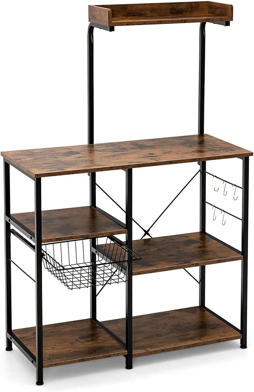 image:imageGiantex Bakers Rack 4Tier Microwave Stand with Storage Kitchen Utility Shelves Wire Basket with 5 Hooks Spice Rack for Organizing Utensils Work Station with Countertop 355 L16 W545 HCharcoal BrownBlack