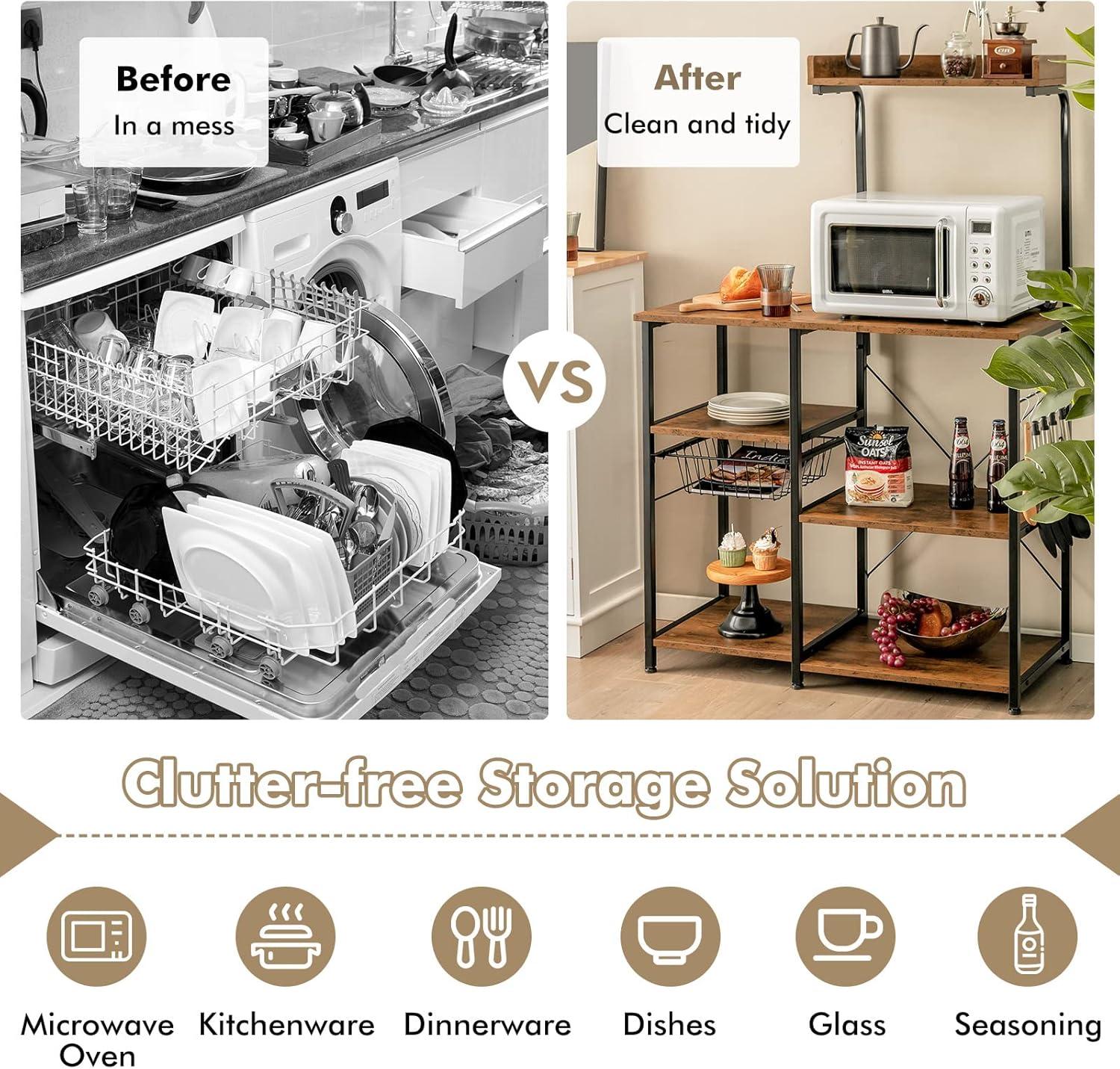 image:imageGiantex Bakers Rack 4Tier Microwave Stand with Storage Kitchen Utility Shelves Wire Basket with 5 Hooks Spice Rack for Organizing Utensils Work Station with Countertop 355 L16 W545 HCharcoal BrownBlack