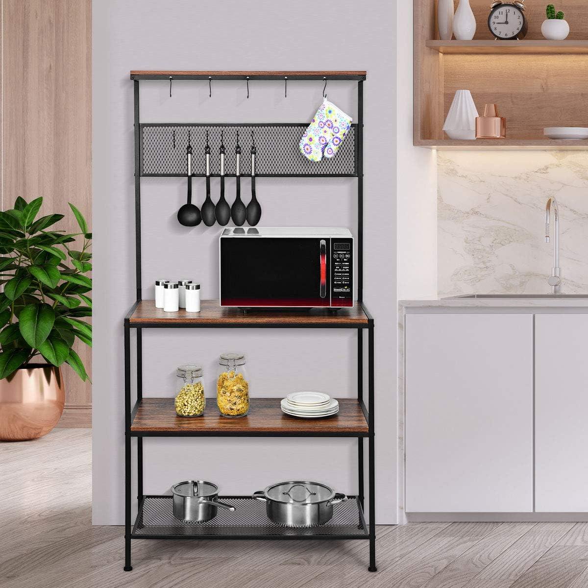 image:imageGiantex Bakers Rack Coffee Bar 4Tier Kitchen Microwave Stand with Storage 11 Hooks Adjustable Feet Industrial Utility Shelves for Utensils Metal Standing Bakers Workstation Rustic BrownRustic Brown