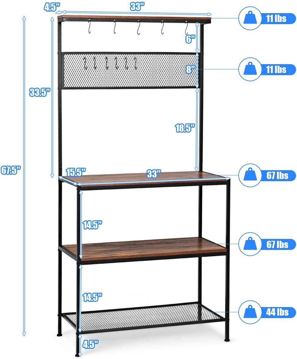 image:imageGiantex Bakers Rack Coffee Bar 4Tier Kitchen Microwave Stand with Storage 11 Hooks Adjustable Feet Industrial Utility Shelves for Utensils Metal Standing Bakers Workstation Rustic BrownRustic Brown