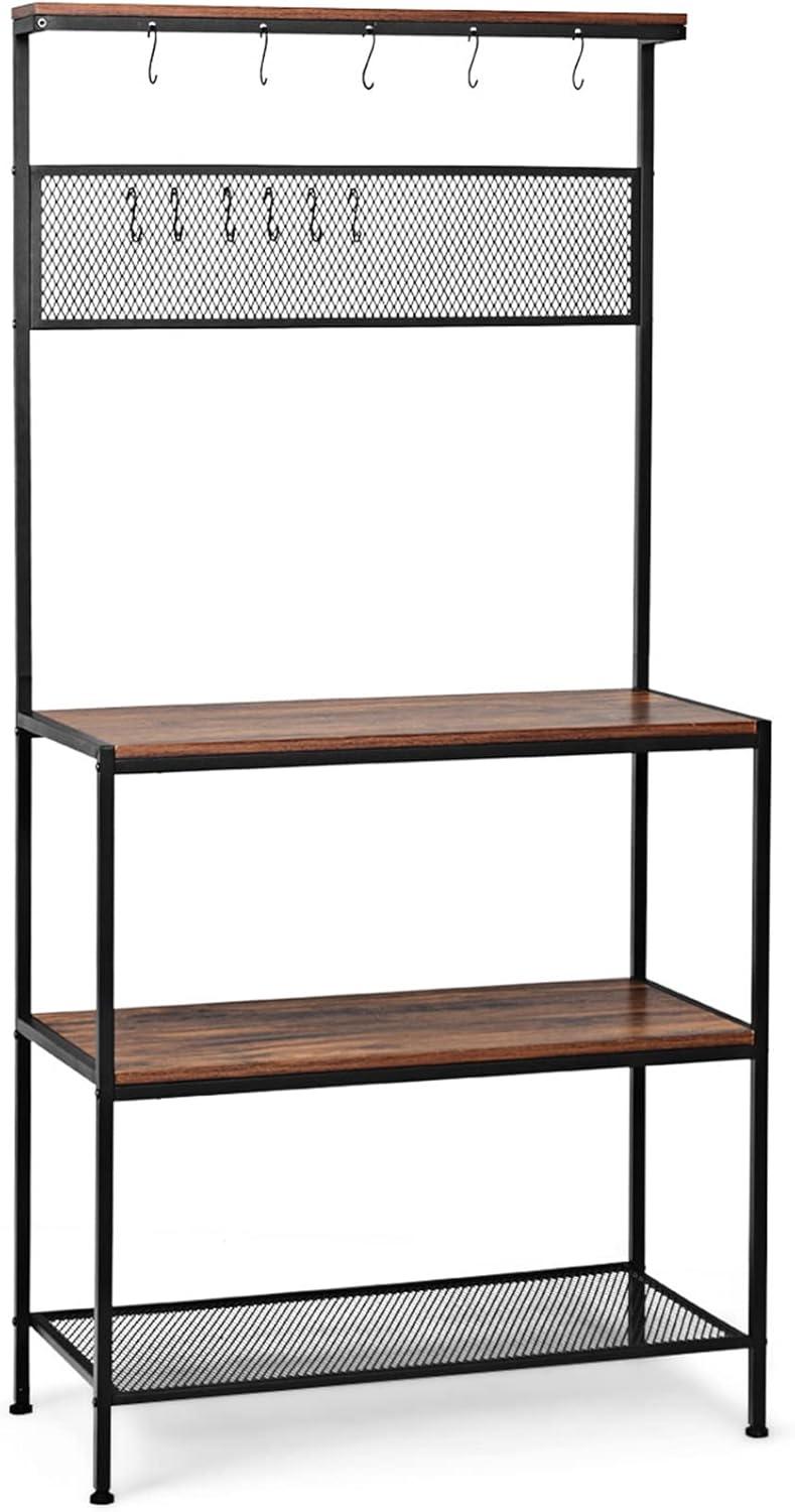 image:imageGiantex Bakers Rack Coffee Bar 4Tier Kitchen Microwave Stand with Storage 11 Hooks Adjustable Feet Industrial Utility Shelves for Utensils Metal Standing Bakers Workstation Rustic BrownRustic Brown