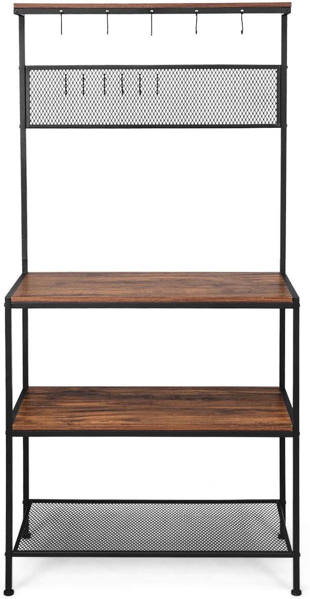 image:imageGiantex Bakers Rack Coffee Bar 4Tier Kitchen Microwave Stand with Storage 11 Hooks Adjustable Feet Industrial Utility Shelves for Utensils Metal Standing Bakers Workstation Rustic BrownRustic Brown