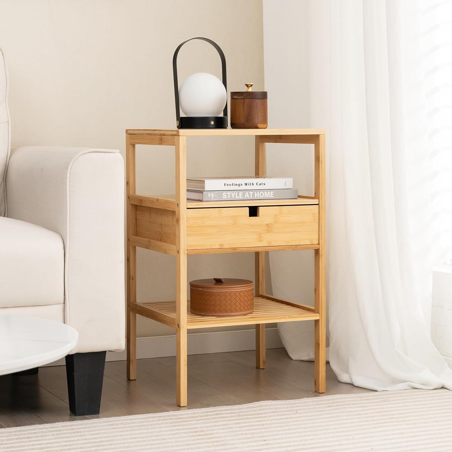 image:imageGiantex Bamboo Nightstands Set of 2 Wood Side Tables with Drawer and 2 Storage Shelves Multifunctional Bedside Tables for Small Spaces MCM Boho Style End Tables for Bedroom Office NaturalSet of 2