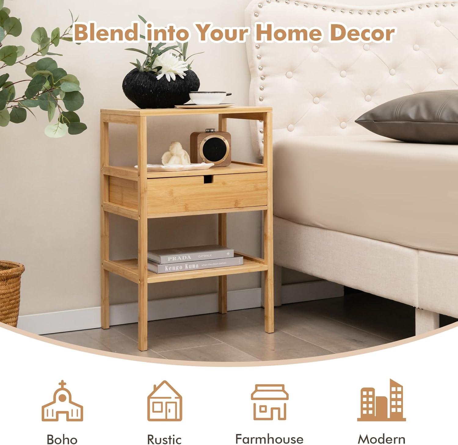 image:imageGiantex Bamboo Nightstands Set of 2 Wood Side Tables with Drawer and 2 Storage Shelves Multifunctional Bedside Tables for Small Spaces MCM Boho Style End Tables for Bedroom Office NaturalSet of 1