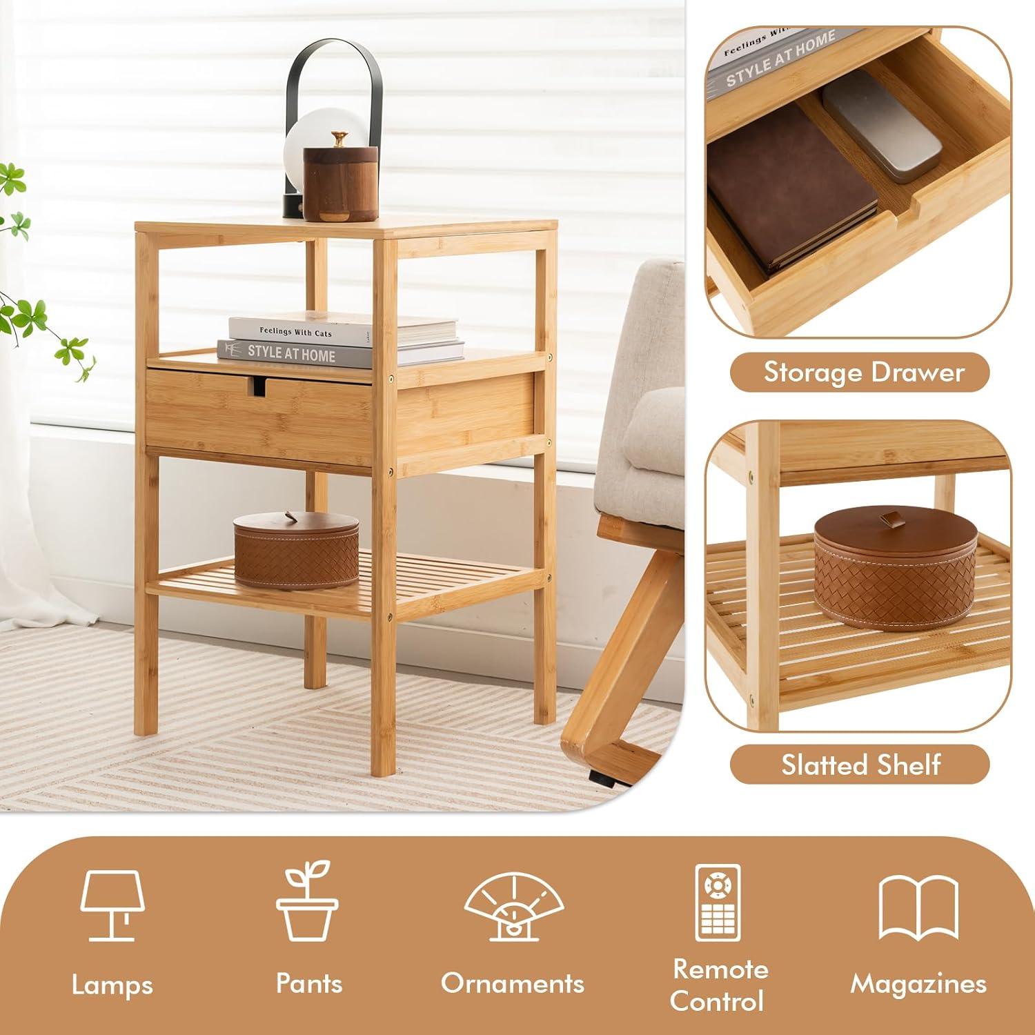 image:imageGiantex Bamboo Nightstands Set of 2 Wood Side Tables with Drawer and 2 Storage Shelves Multifunctional Bedside Tables for Small Spaces MCM Boho Style End Tables for Bedroom Office NaturalSet of 1