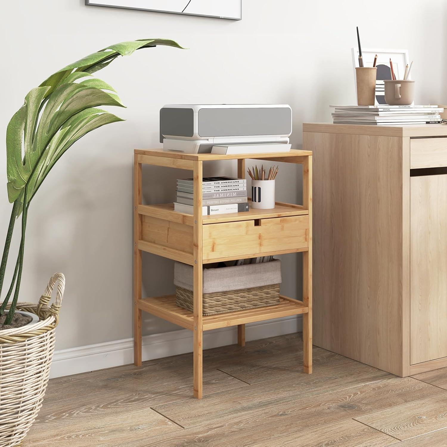image:imageGiantex Bamboo Nightstands Set of 2 Wood Side Tables with Drawer and 2 Storage Shelves Multifunctional Bedside Tables for Small Spaces MCM Boho Style End Tables for Bedroom Office NaturalSet of 2
