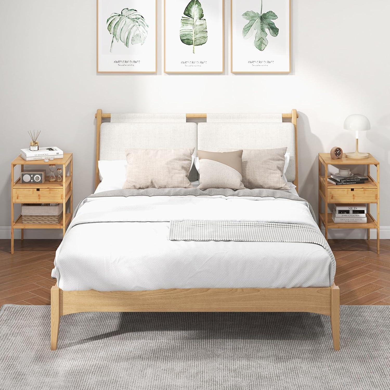 image:imageGiantex Bamboo Nightstands Set of 2 Wood Side Tables with Drawer and 2 Storage Shelves Multifunctional Bedside Tables for Small Spaces MCM Boho Style End Tables for Bedroom Office NaturalSet of 1