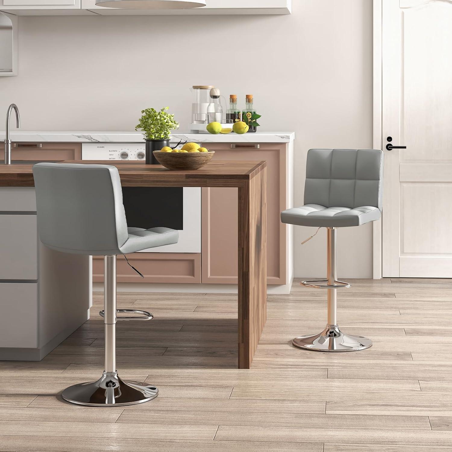 image:imageGiantex Bar Stools Set of 1 Modern PU Leather Height Adjustable Barstools with Back Footrest Metal Base Armless Counter Height Swivel Stools for Kitchen Island Home Bar Cafe Pub BlackGrey