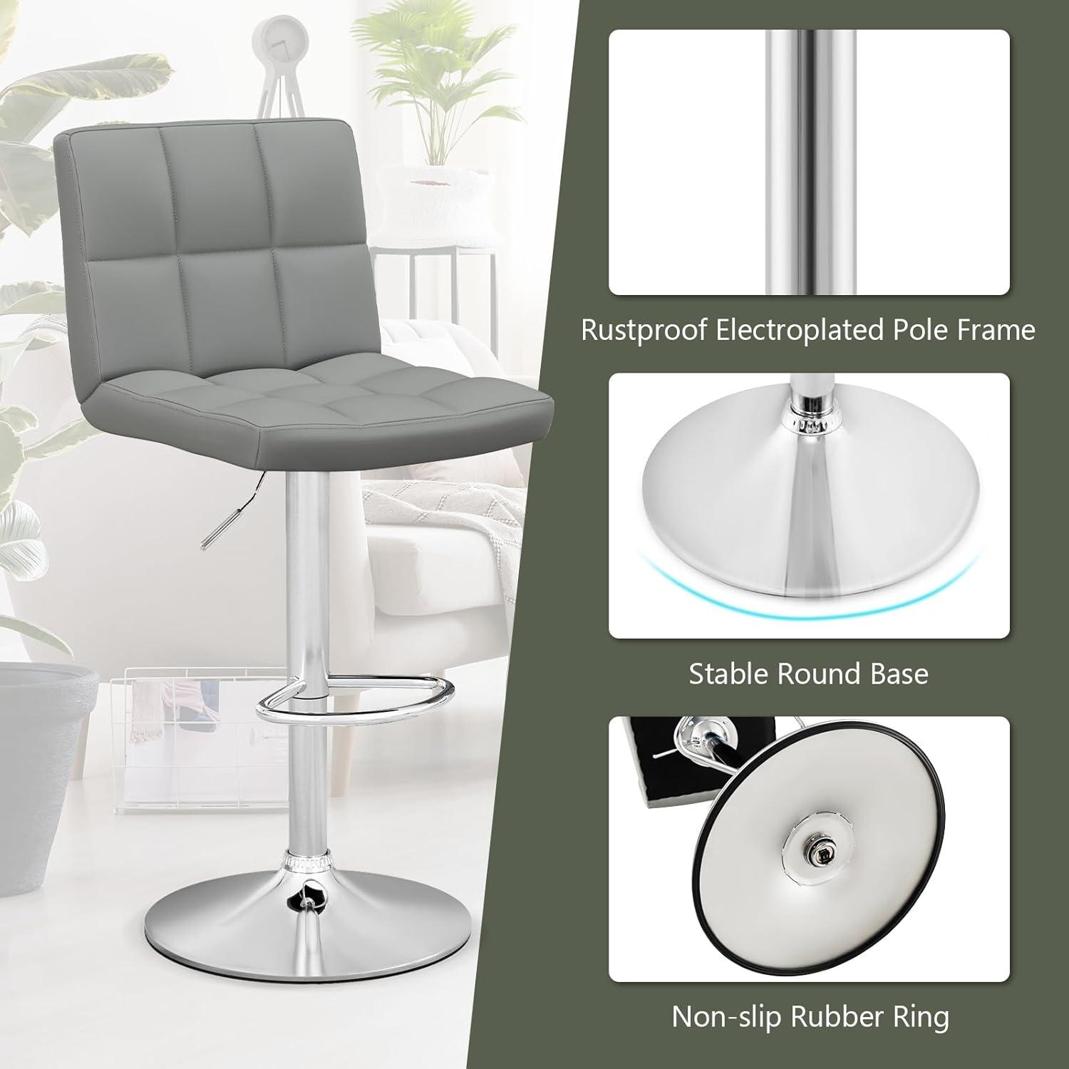 image:imageGiantex Bar Stools Set of 1 Modern PU Leather Height Adjustable Barstools with Back Footrest Metal Base Armless Counter Height Swivel Stools for Kitchen Island Home Bar Cafe Pub BlackGrey