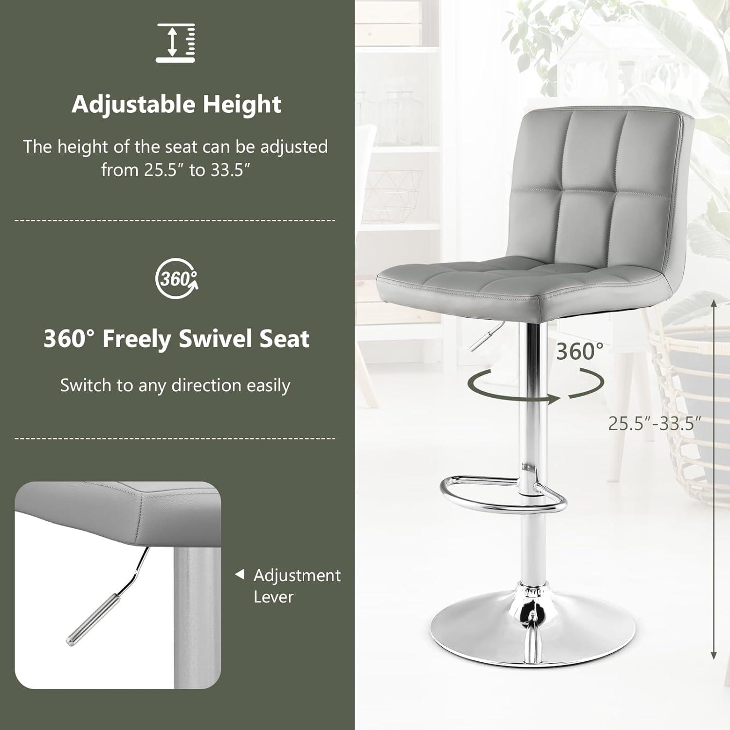 image:imageGiantex Bar Stools Set of 1 Modern PU Leather Height Adjustable Barstools with Back Footrest Metal Base Armless Counter Height Swivel Stools for Kitchen Island Home Bar Cafe Pub BlackGrey
