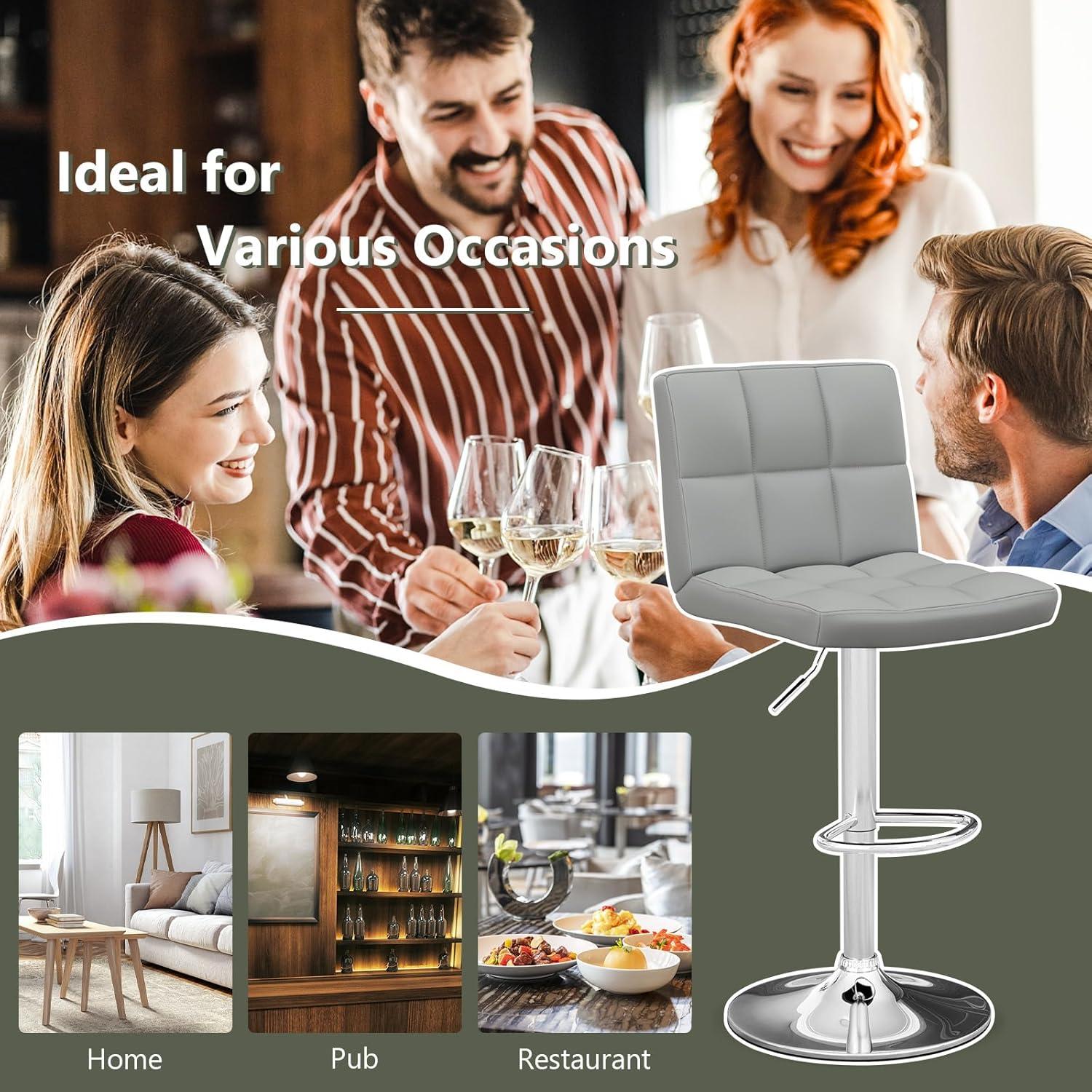 image:imageGiantex Bar Stools Set of 1 Modern PU Leather Height Adjustable Barstools with Back Footrest Metal Base Armless Counter Height Swivel Stools for Kitchen Island Home Bar Cafe Pub BlackGrey