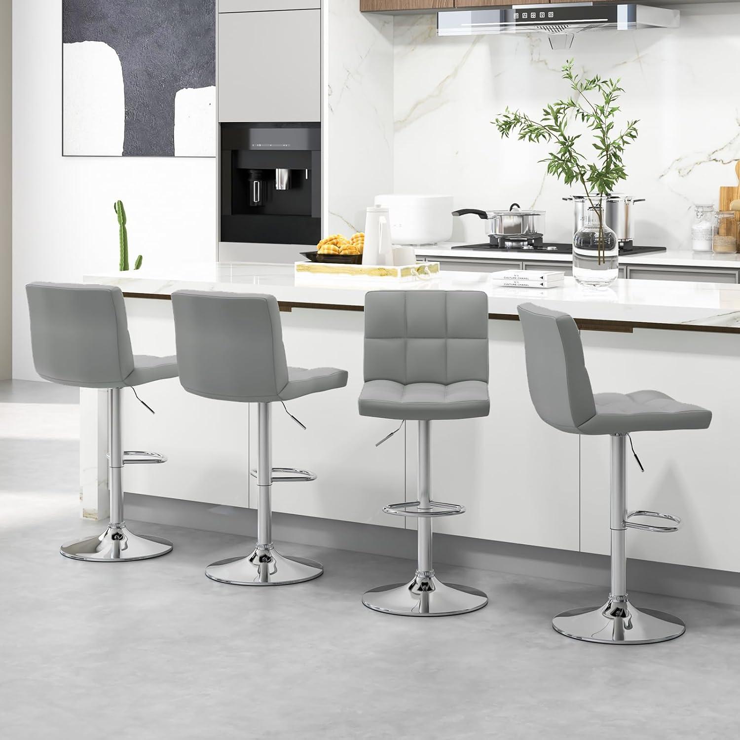 image:imageGiantex Bar Stools Set of 1 Modern PU Leather Height Adjustable Barstools with Back Footrest Metal Base Armless Counter Height Swivel Stools for Kitchen Island Home Bar Cafe Pub BlackGrey