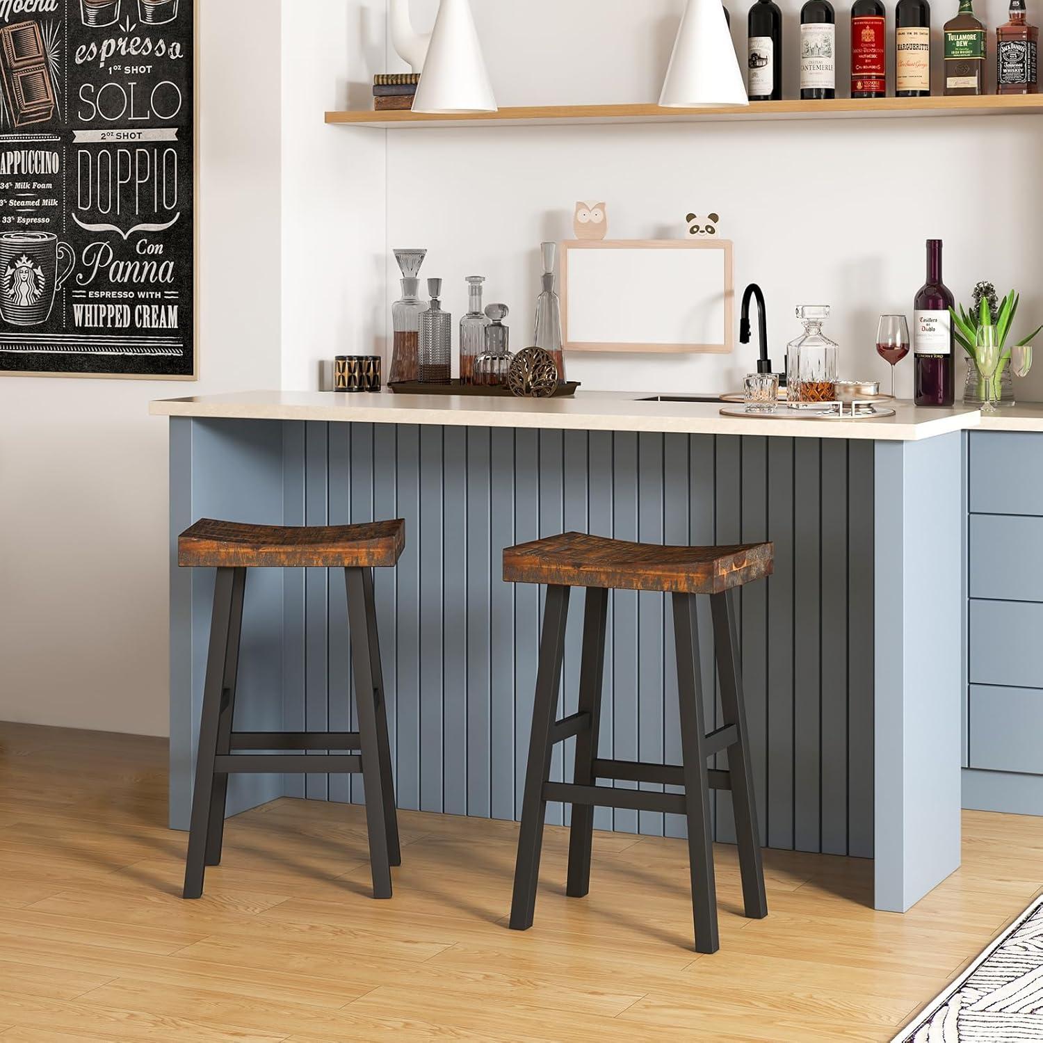 image:imageGiantex Bar Stools Set of 2 24 Counter Height Saddle Stools Bar Dining Chairs with Rubber Wood Frame amp Footrest Backless Barstools for Kitchen Island Dining Room Pub Rustic Brown2
