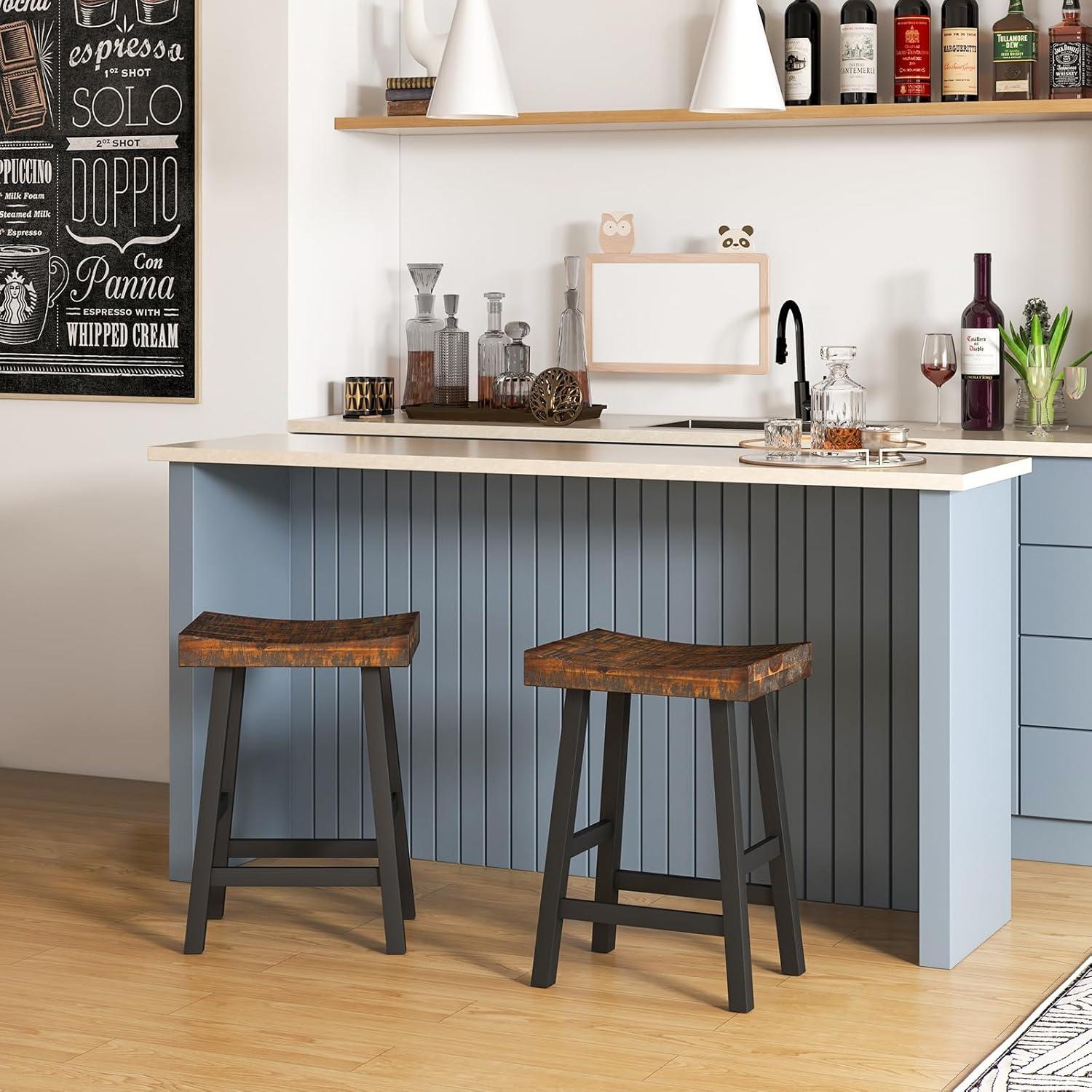 image:imageGiantex Bar Stools Set of 2 24 Counter Height Saddle Stools Bar Dining Chairs with Rubber Wood Frame amp Footrest Backless Barstools for Kitchen Island Dining Room Pub Rustic Brown2