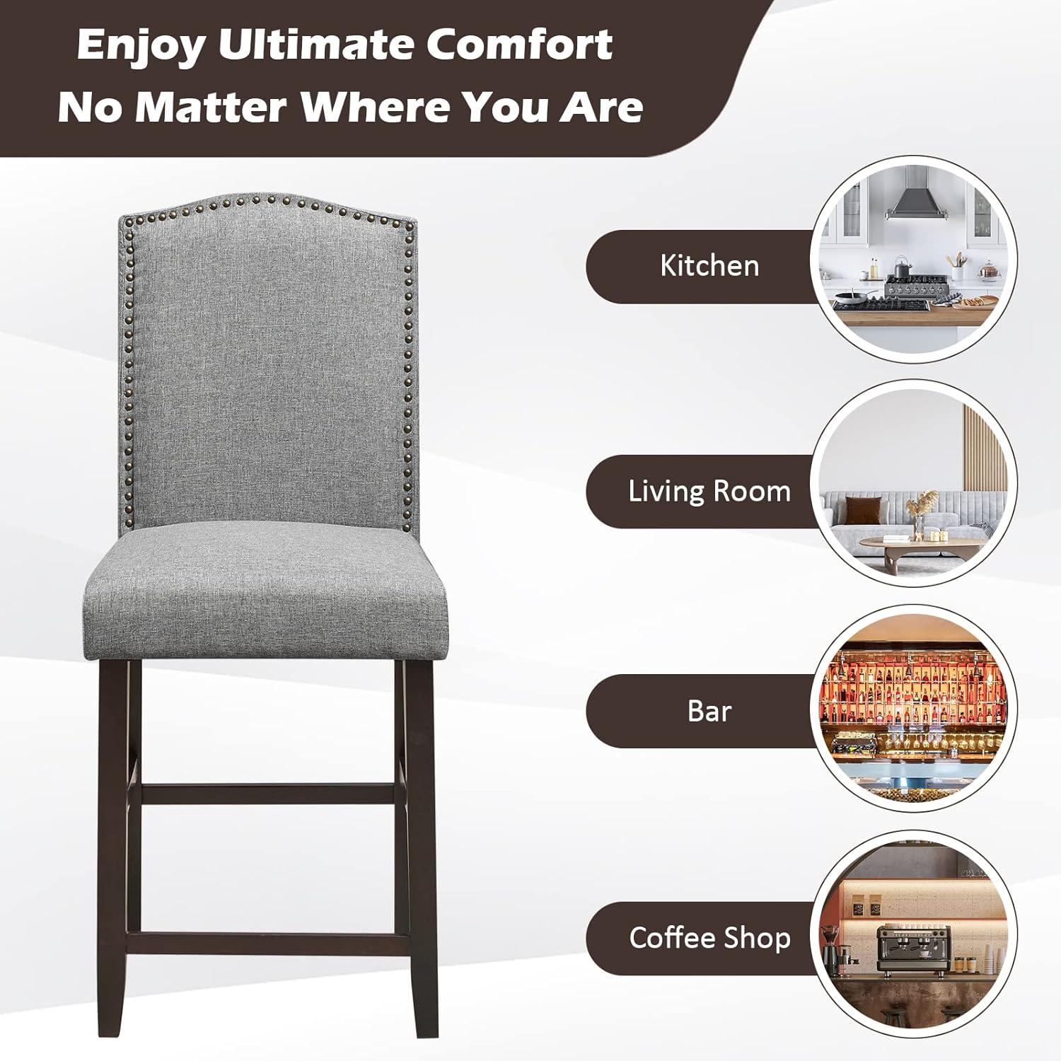 image:imageGiantex Bar Stools Set of 2 25 Counter Height Bar Dining Chairs with Rubber Wood Legs Footrest Max Load 330 Lbs Nailed Upholstered Barstools with Back for Kitchen Island GreyGrey