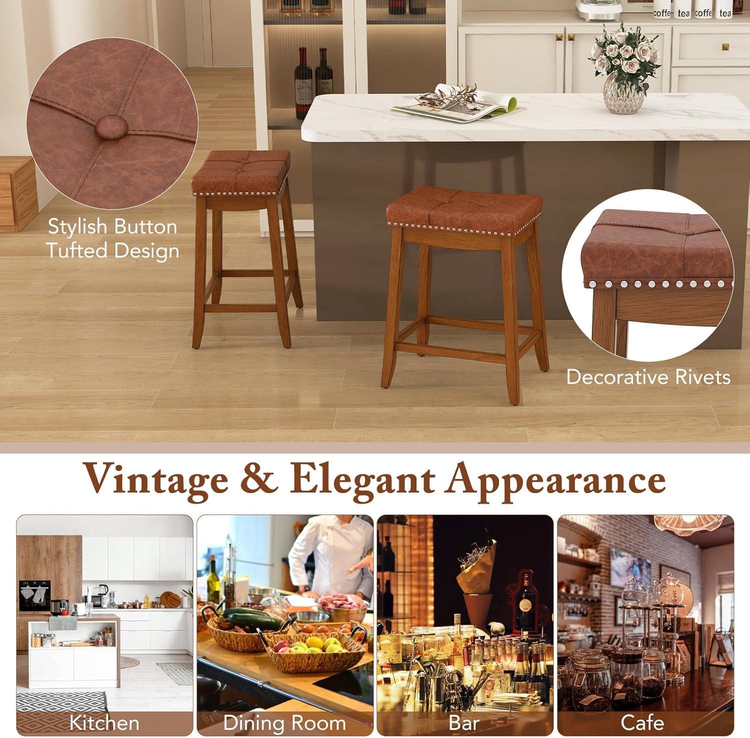 image:imageGiantex Bar Stools Set of 2 25 Counter Height Bar Stools wSaddle Seat Footrest Rivet Button Tufted Rubber Wood Frame Upholstered PU Leather Backless Barstools for Kitchen Dining Room Pub1