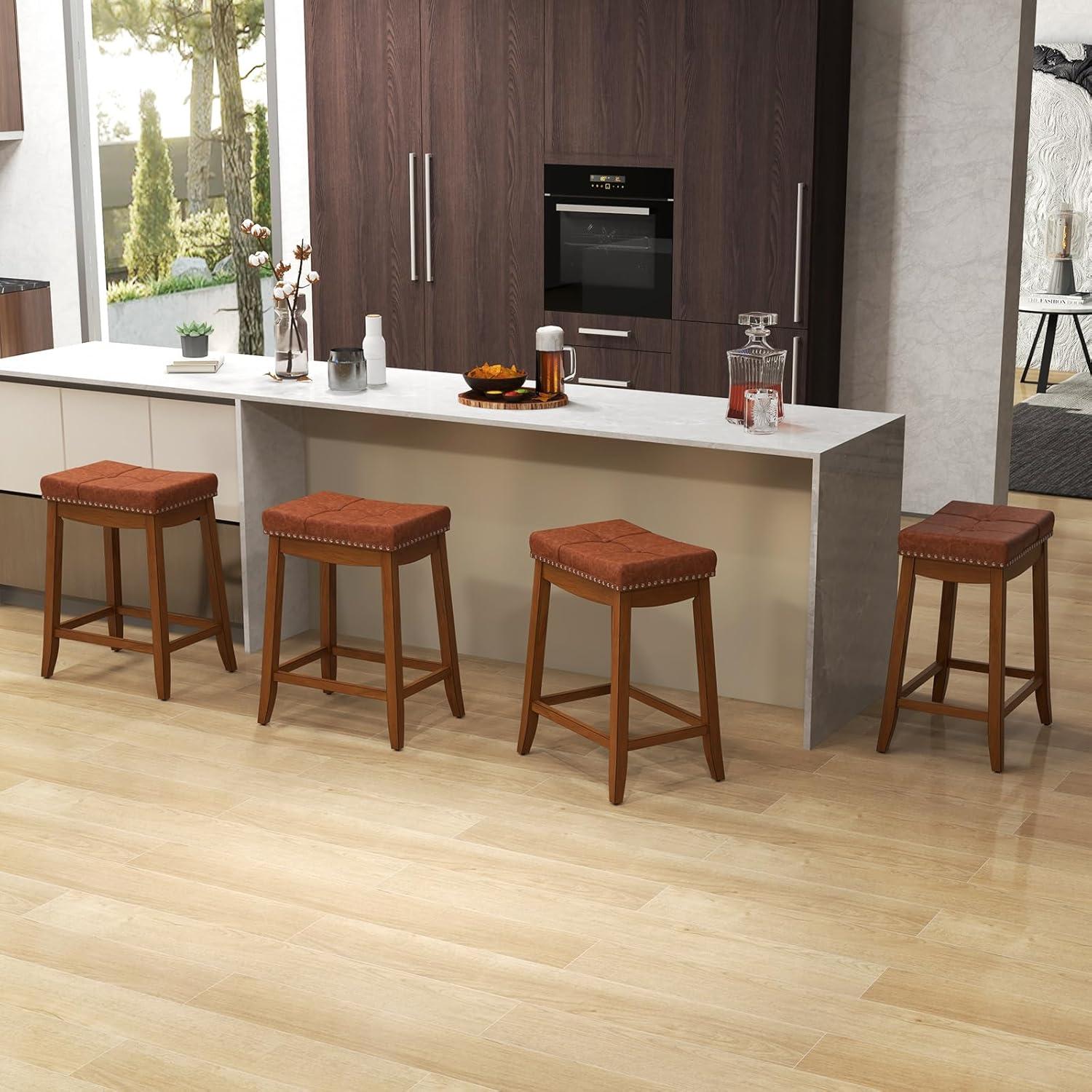 image:imageGiantex Bar Stools Set of 2 25 Counter Height Bar Stools wSaddle Seat Footrest Rivet Button Tufted Rubber Wood Frame Upholstered PU Leather Backless Barstools for Kitchen Dining Room Pub1