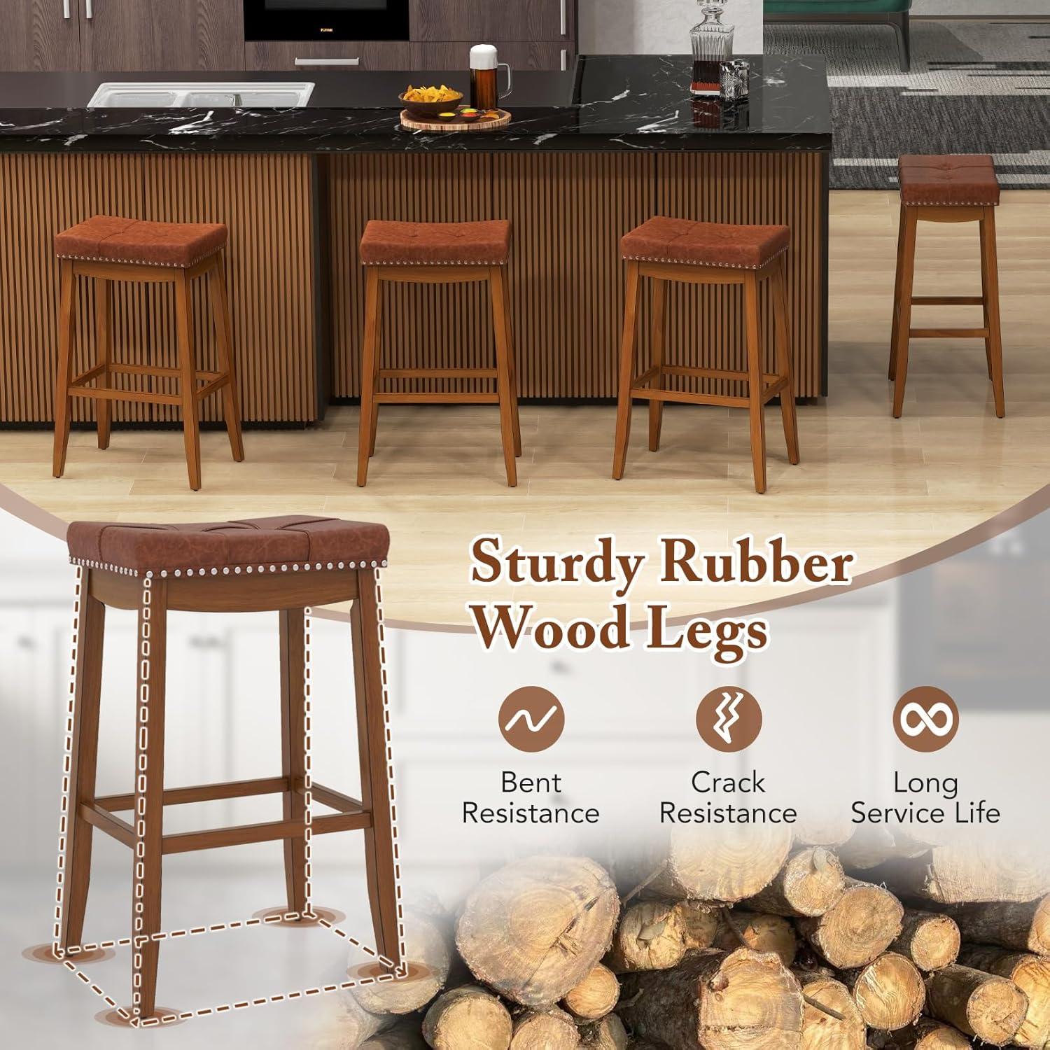 image:imageGiantex Bar Stools Set of 2 25 Counter Height Bar Stools wSaddle Seat Footrest Rivet Button Tufted Rubber Wood Frame Upholstered PU Leather Backless Barstools for Kitchen Dining Room Pub1