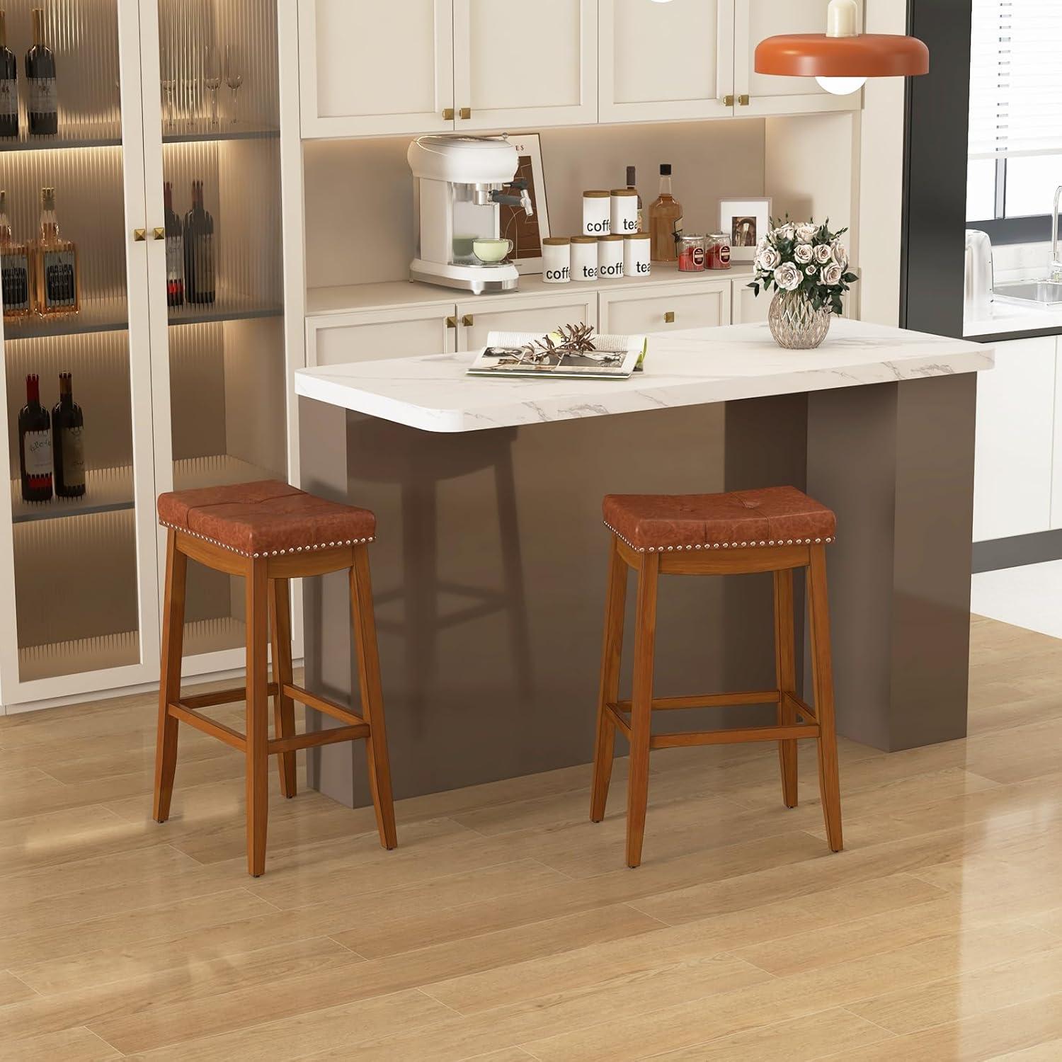 image:imageGiantex Bar Stools Set of 2 25 Counter Height Bar Stools wSaddle Seat Footrest Rivet Button Tufted Rubber Wood Frame Upholstered PU Leather Backless Barstools for Kitchen Dining Room Pub1