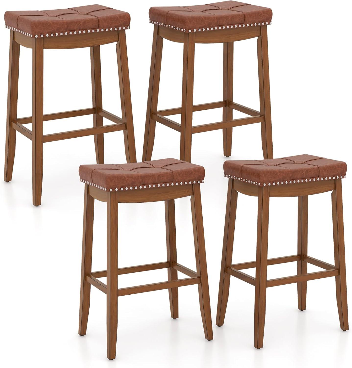 image:imageGiantex Bar Stools Set of 2 25 Counter Height Bar Stools wSaddle Seat Footrest Rivet Button Tufted Rubber Wood Frame Upholstered PU Leather Backless Barstools for Kitchen Dining Room Pub2