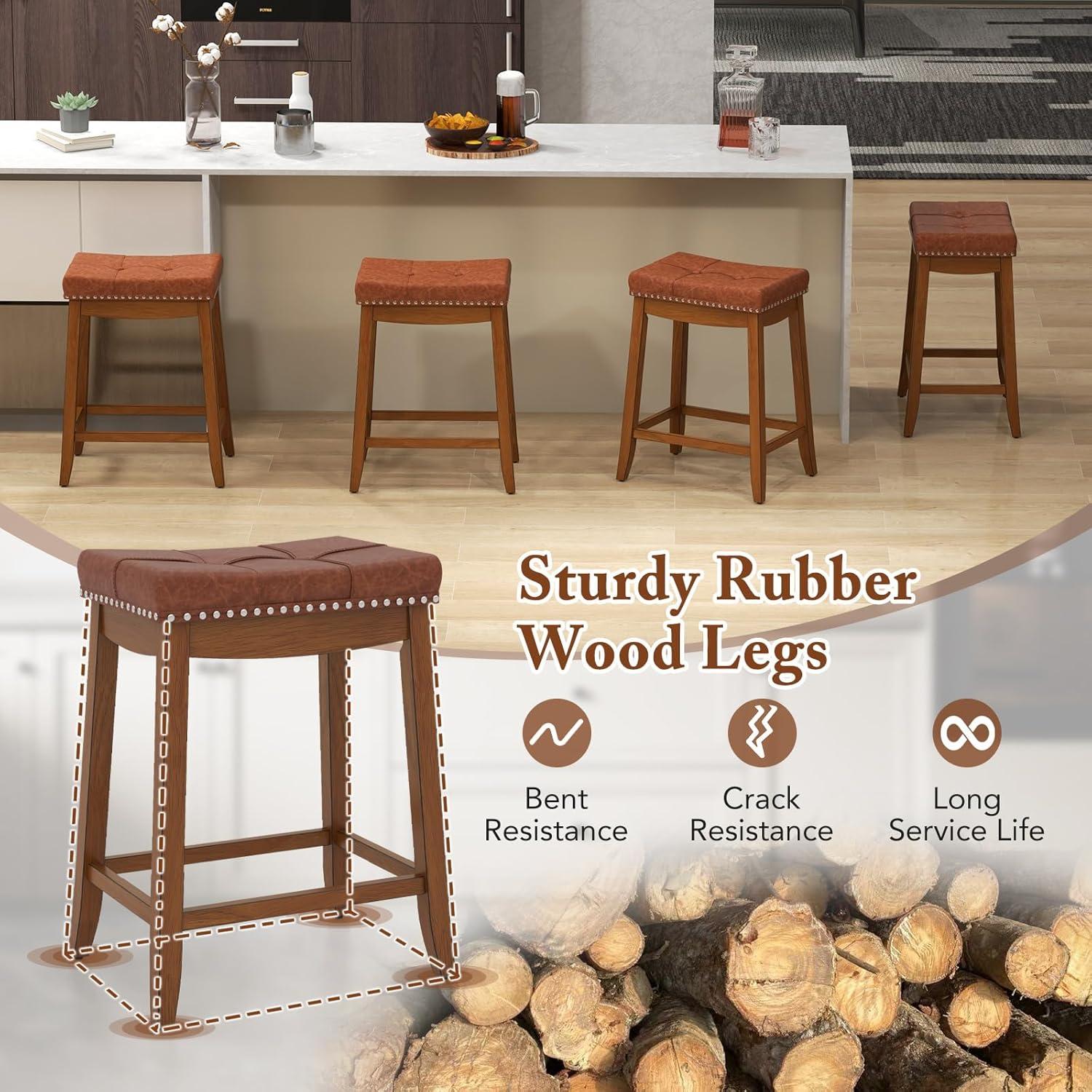 image:imageGiantex Bar Stools Set of 2 25 Counter Height Bar Stools wSaddle Seat Footrest Rivet Button Tufted Rubber Wood Frame Upholstered PU Leather Backless Barstools for Kitchen Dining Room Pub1