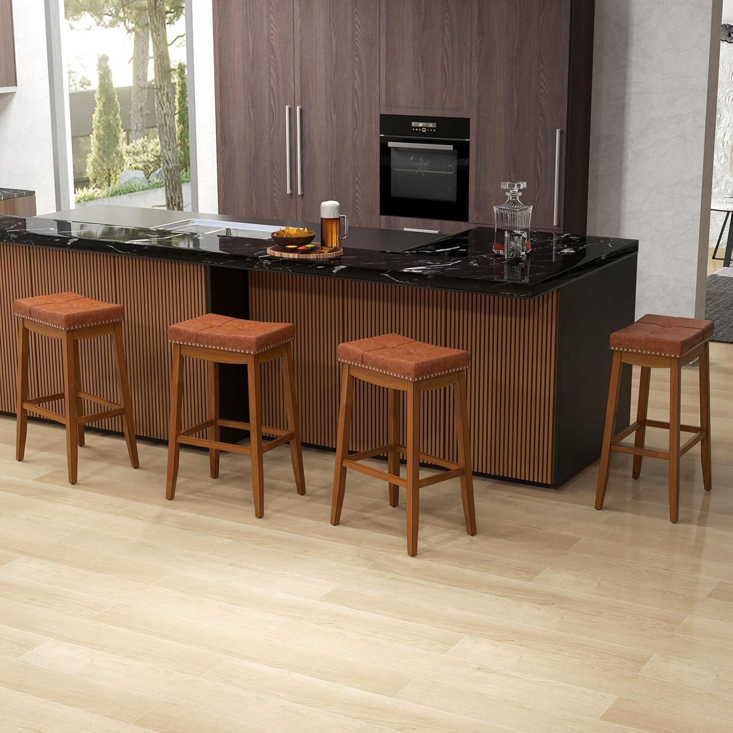 image:imageGiantex Bar Stools Set of 2 25 Counter Height Bar Stools wSaddle Seat Footrest Rivet Button Tufted Rubber Wood Frame Upholstered PU Leather Backless Barstools for Kitchen Dining Room Pub2