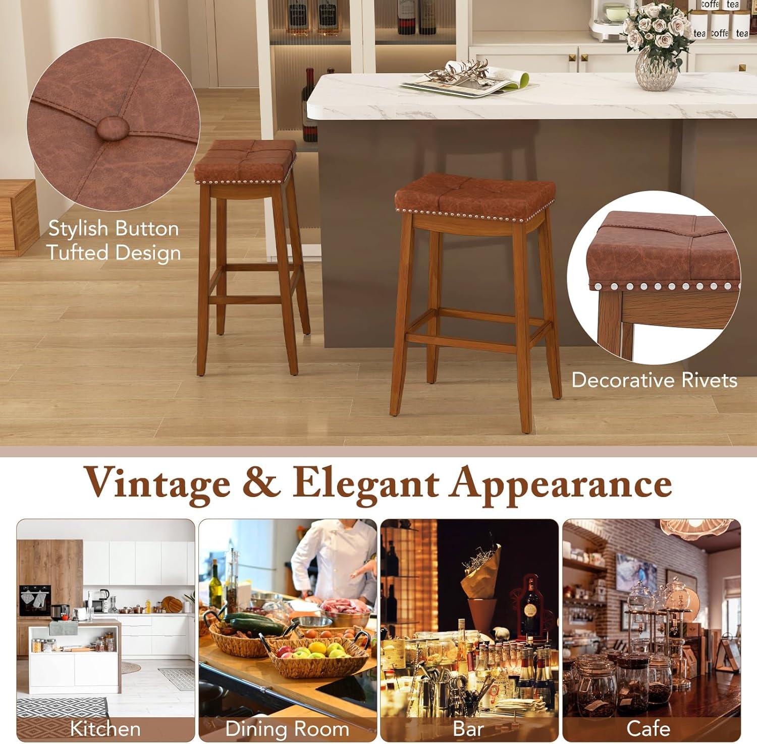 image:imageGiantex Bar Stools Set of 2 25 Counter Height Bar Stools wSaddle Seat Footrest Rivet Button Tufted Rubber Wood Frame Upholstered PU Leather Backless Barstools for Kitchen Dining Room Pub2