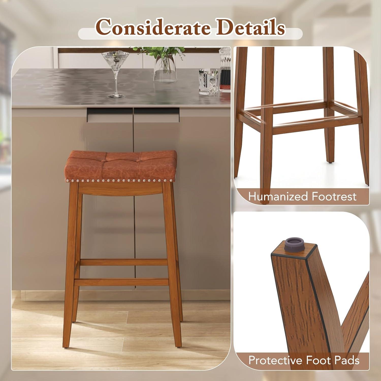 image:imageGiantex Bar Stools Set of 2 25 Counter Height Bar Stools wSaddle Seat Footrest Rivet Button Tufted Rubber Wood Frame Upholstered PU Leather Backless Barstools for Kitchen Dining Room Pub2