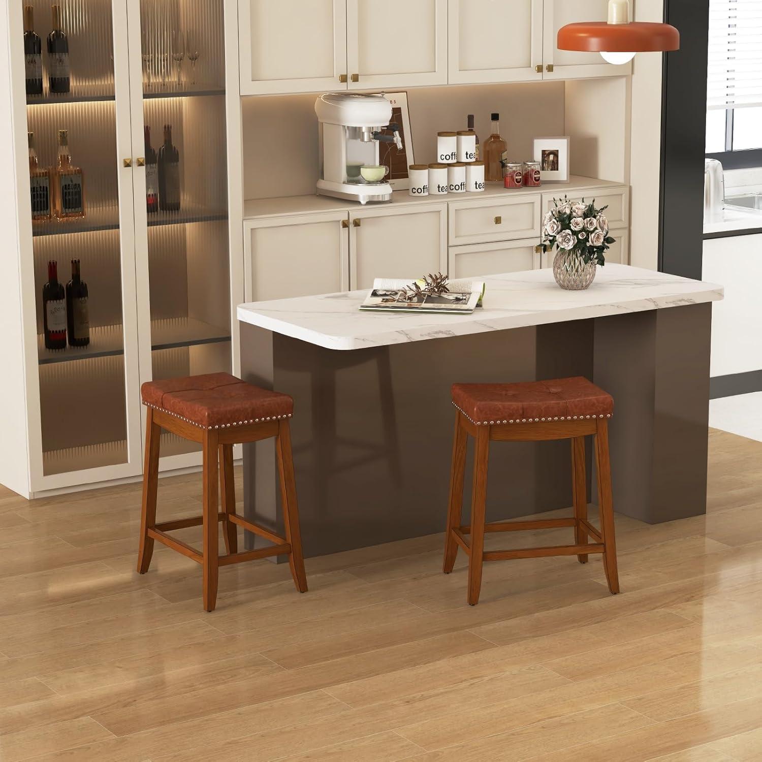 image:imageGiantex Bar Stools Set of 2 25 Counter Height Bar Stools wSaddle Seat Footrest Rivet Button Tufted Rubber Wood Frame Upholstered PU Leather Backless Barstools for Kitchen Dining Room Pub2