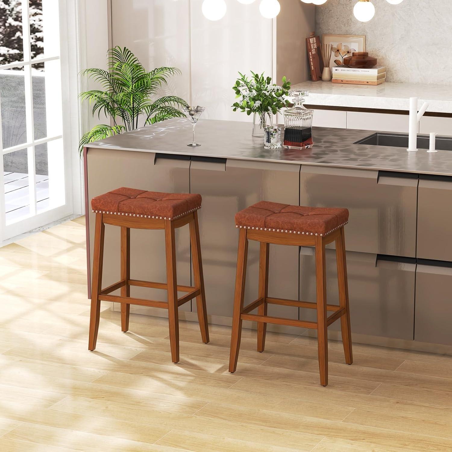 image:imageGiantex Bar Stools Set of 2 25 Counter Height Bar Stools wSaddle Seat Footrest Rivet Button Tufted Rubber Wood Frame Upholstered PU Leather Backless Barstools for Kitchen Dining Room Pub1