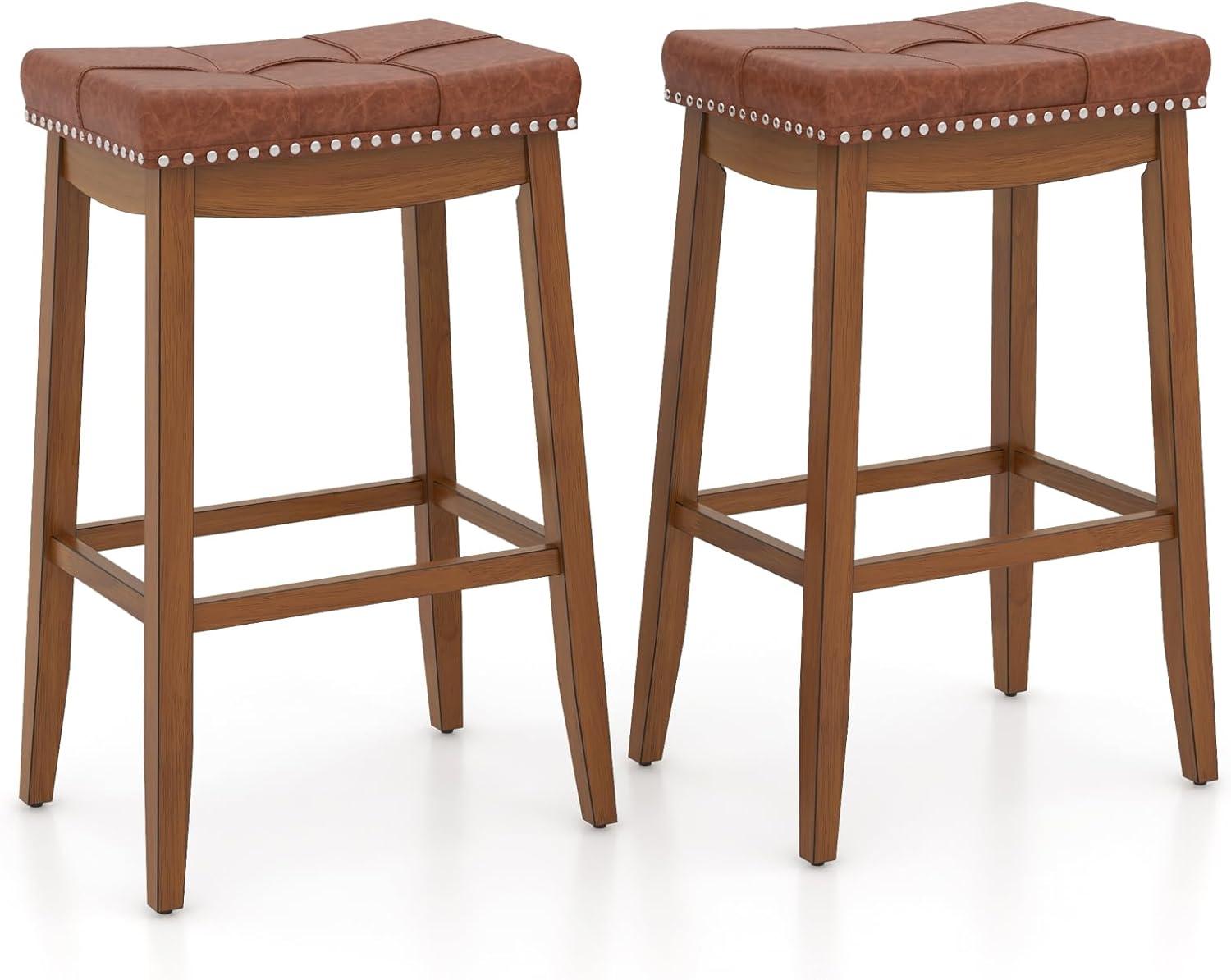 image:imageGiantex Bar Stools Set of 2 25 Counter Height Bar Stools wSaddle Seat Footrest Rivet Button Tufted Rubber Wood Frame Upholstered PU Leather Backless Barstools for Kitchen Dining Room Pub1