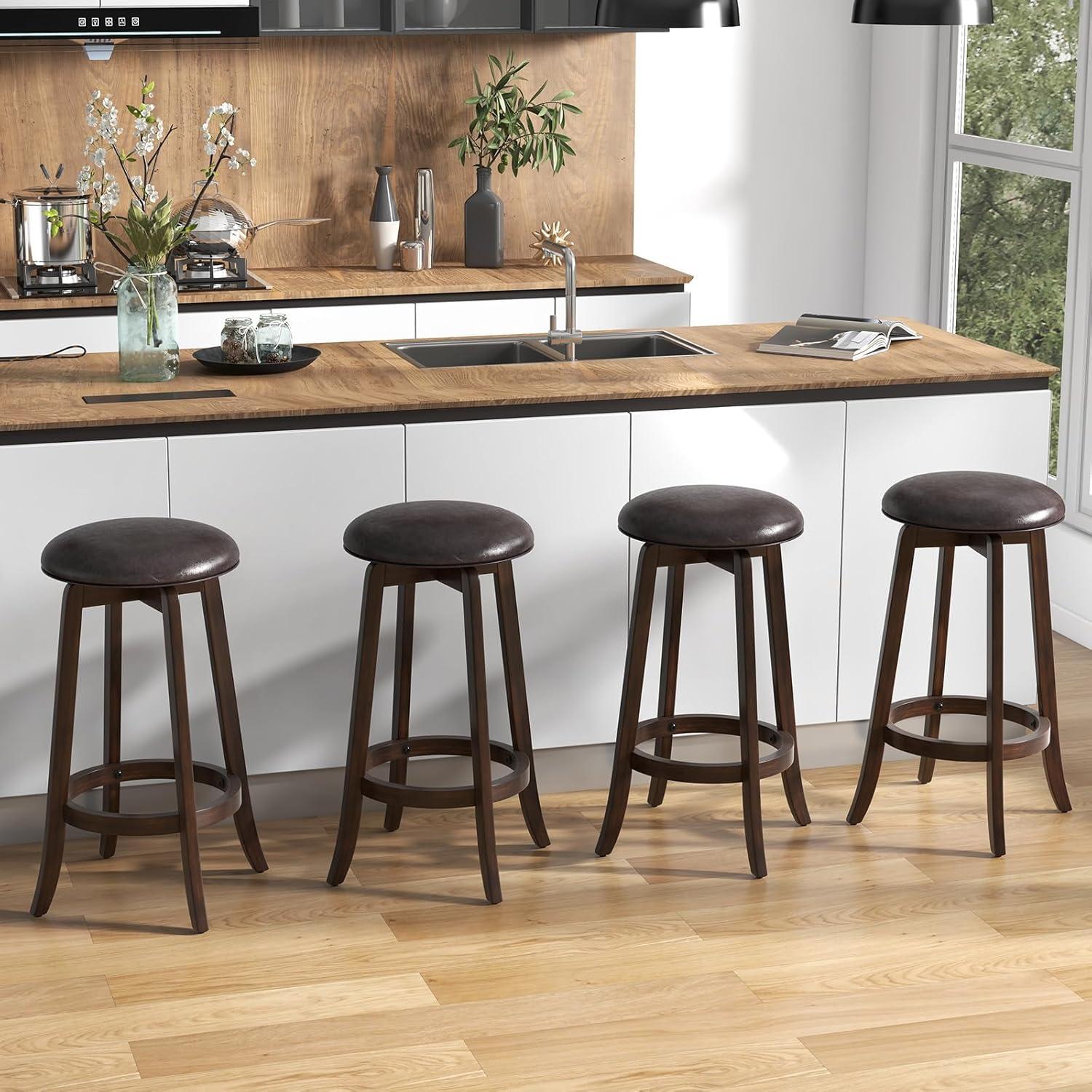 image:imageGiantex Bar Stools Set of 2 29 Bar Height Bar Stools w 360 Swivel Round Seat amp Footrest Rubber Wood Frame Upholstered PU Leather Backless Barstools for Kitchen Dining Room Pub Brown2