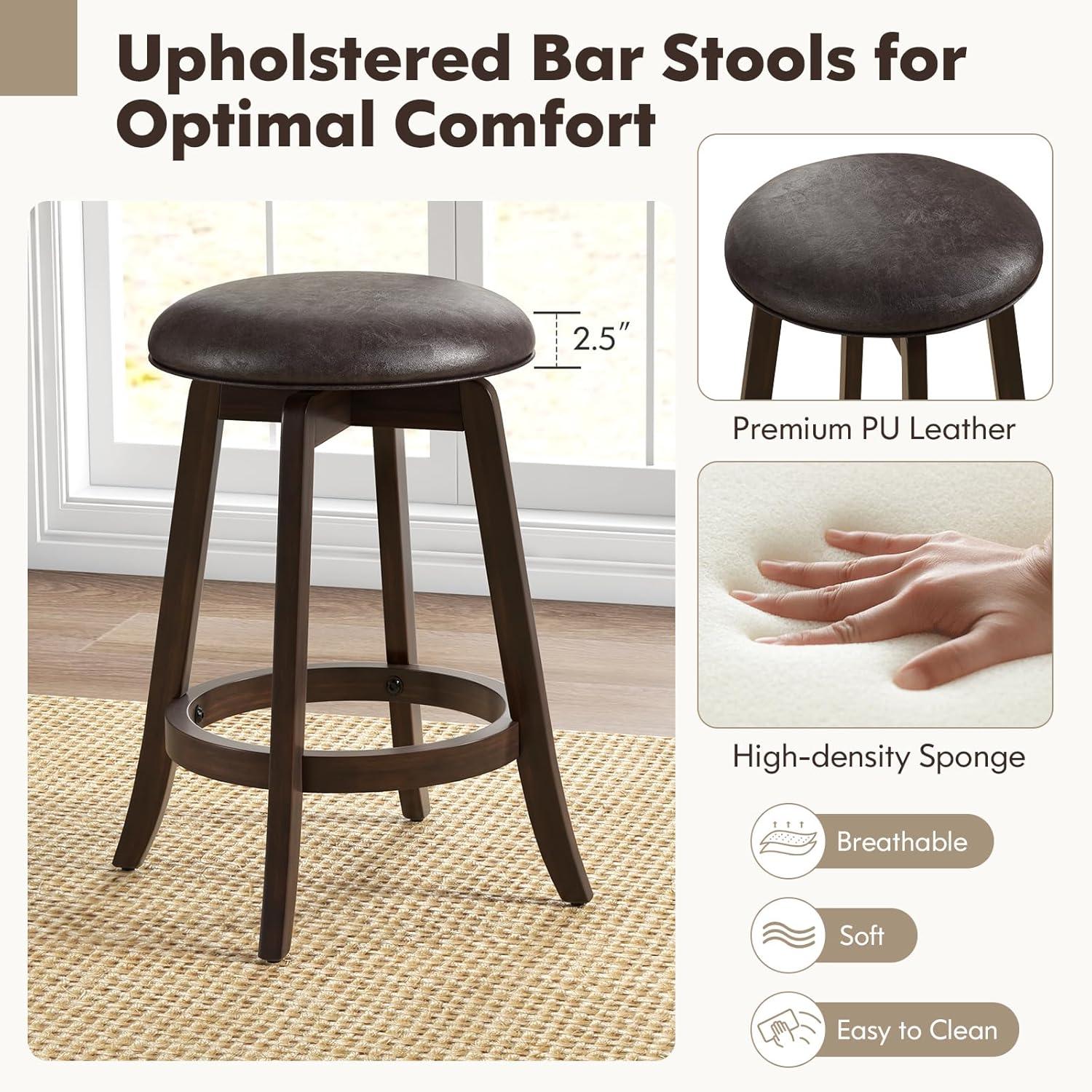 image:imageGiantex Bar Stools Set of 2 29 Bar Height Bar Stools w 360 Swivel Round Seat amp Footrest Rubber Wood Frame Upholstered PU Leather Backless Barstools for Kitchen Dining Room Pub Brown2