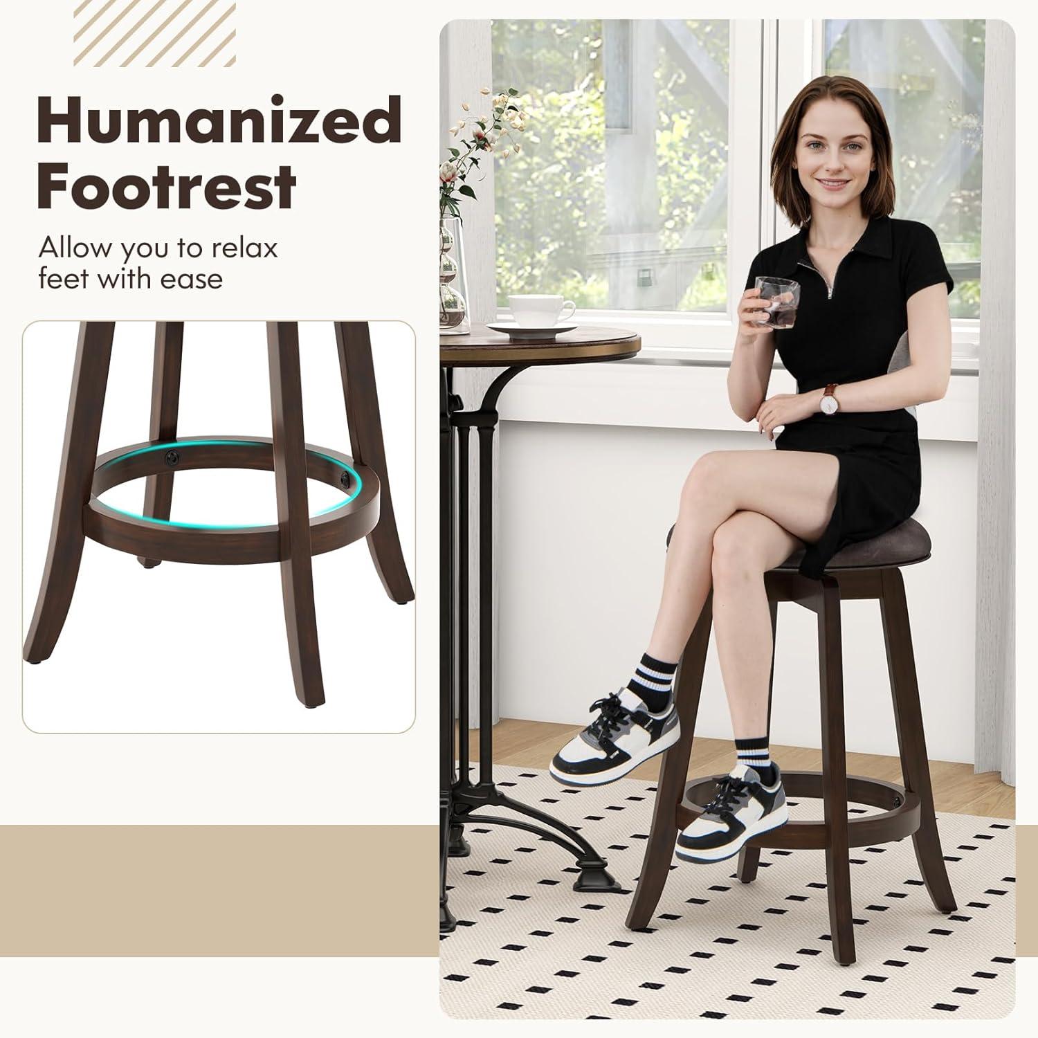 image:imageGiantex Bar Stools Set of 2 29 Bar Height Bar Stools w 360 Swivel Round Seat amp Footrest Rubber Wood Frame Upholstered PU Leather Backless Barstools for Kitchen Dining Room Pub Brown1