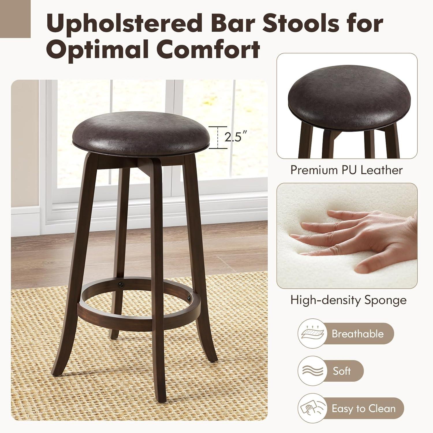 image:imageGiantex Bar Stools Set of 2 29 Bar Height Bar Stools w 360 Swivel Round Seat amp Footrest Rubber Wood Frame Upholstered PU Leather Backless Barstools for Kitchen Dining Room Pub Brown2