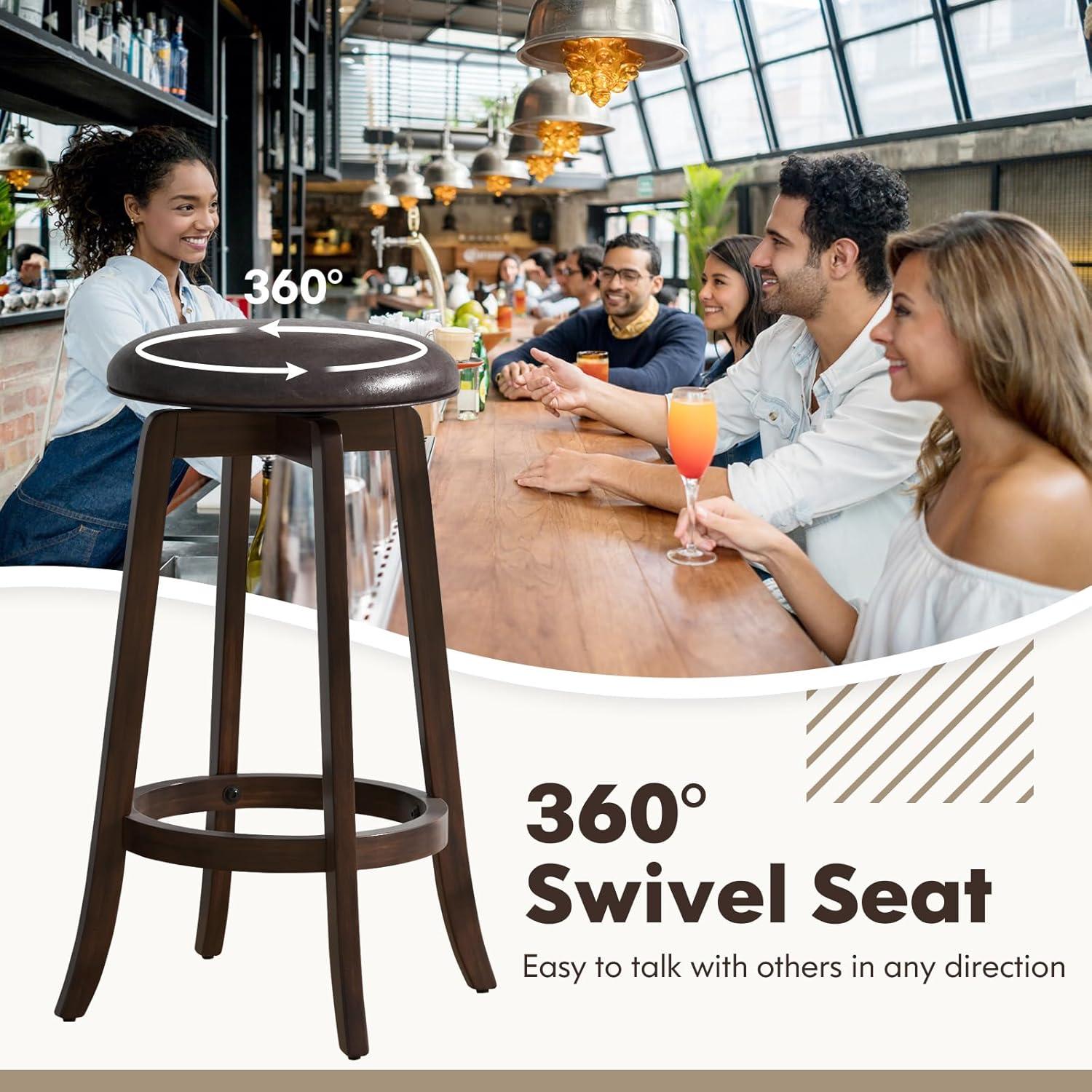 image:imageGiantex Bar Stools Set of 2 29 Bar Height Bar Stools w 360 Swivel Round Seat amp Footrest Rubber Wood Frame Upholstered PU Leather Backless Barstools for Kitchen Dining Room Pub Brown1