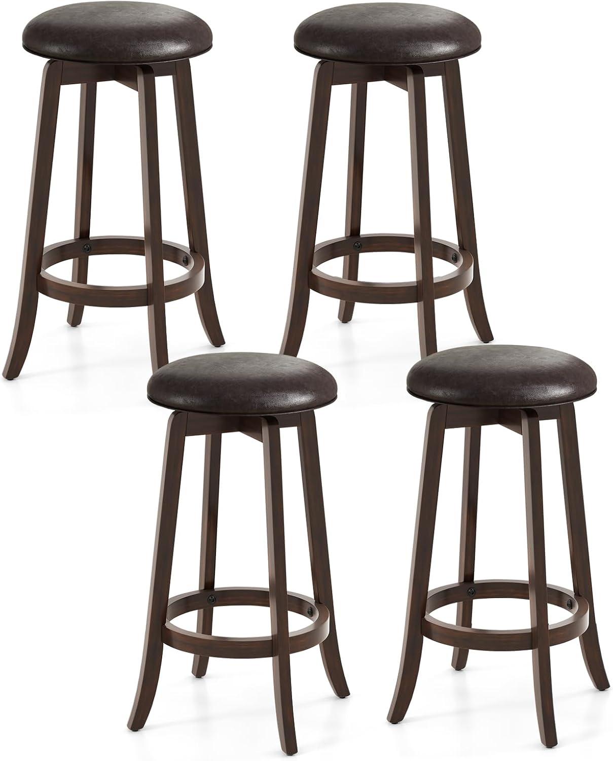 image:imageGiantex Bar Stools Set of 2 29 Bar Height Bar Stools w 360 Swivel Round Seat amp Footrest Rubber Wood Frame Upholstered PU Leather Backless Barstools for Kitchen Dining Room Pub Brown2